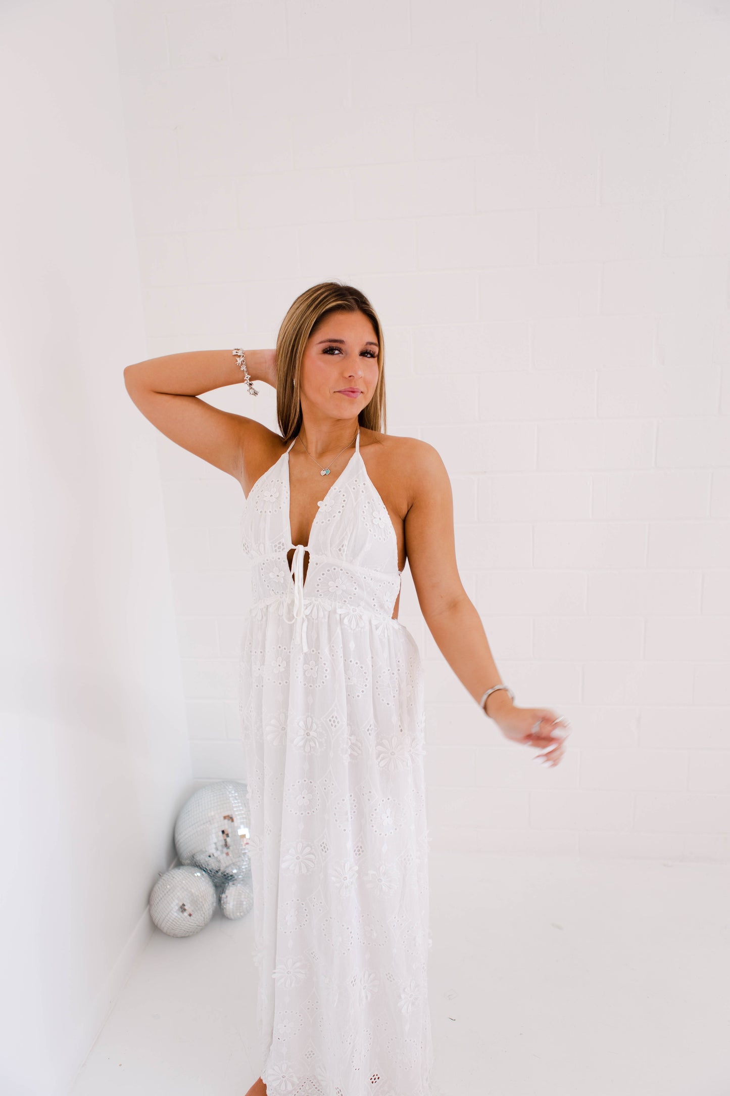 Large Eyelet Halter Maxi Dress