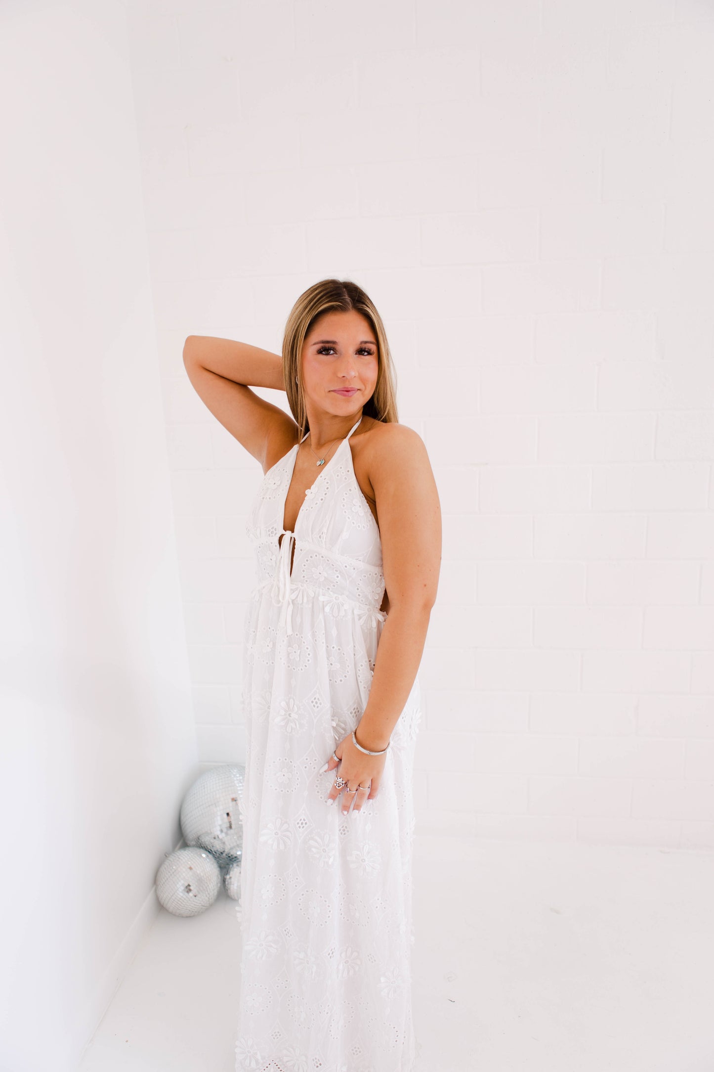 Large Eyelet Halter Maxi Dress