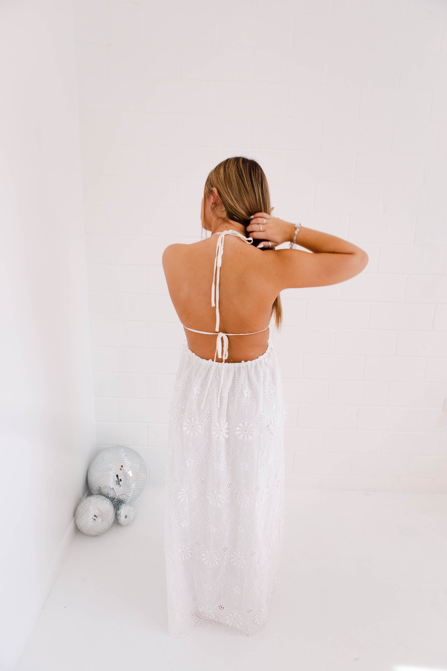 Large Eyelet Halter Maxi Dress