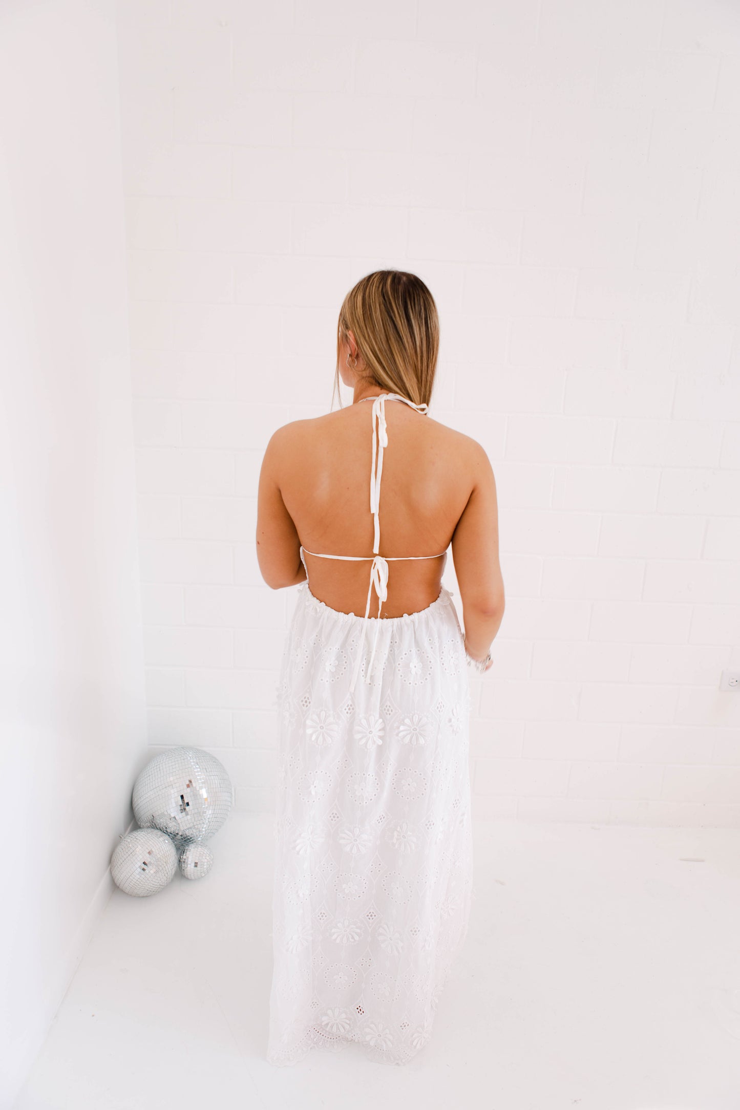 Large Eyelet Halter Maxi Dress