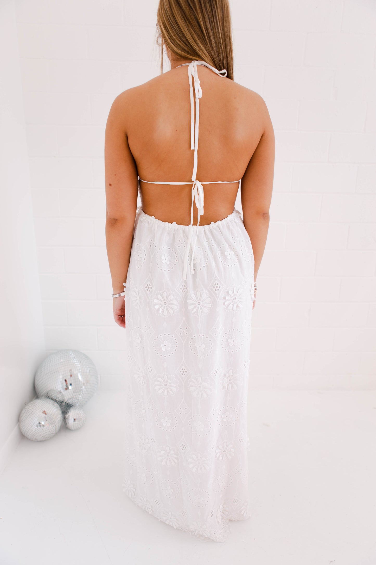 Large Eyelet Halter Maxi Dress