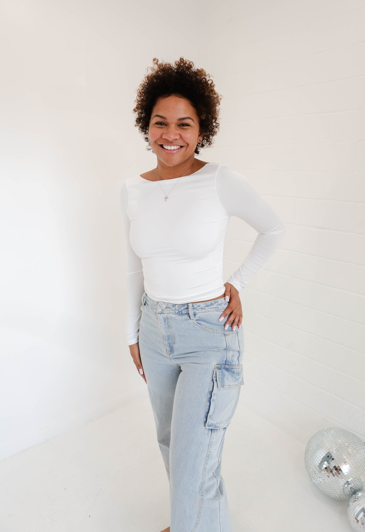 Off White Backless Basic Longsleeve Top
