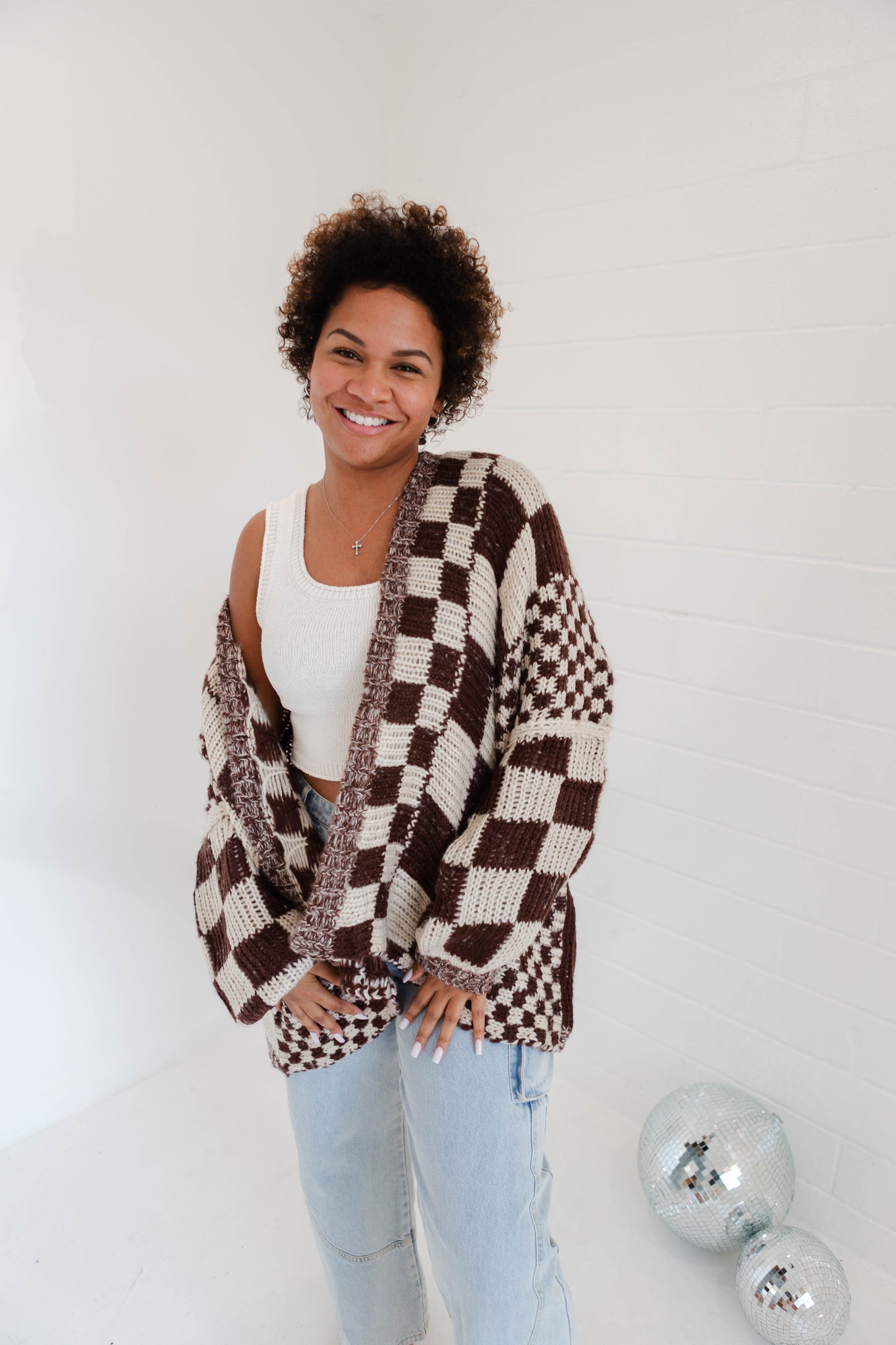 Brown Checkered Oversized Cardigan