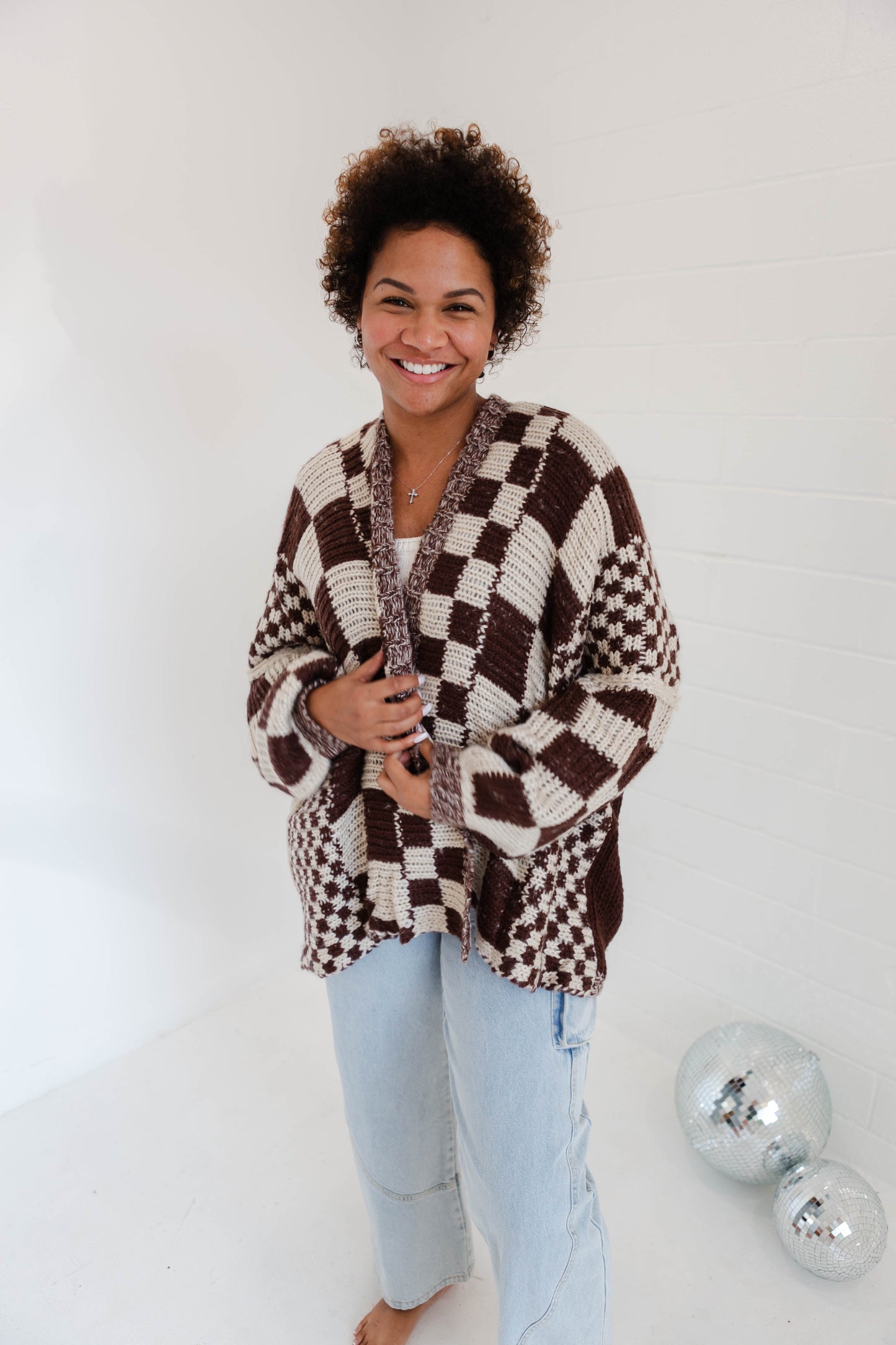 Brown Checkered Oversized Cardigan