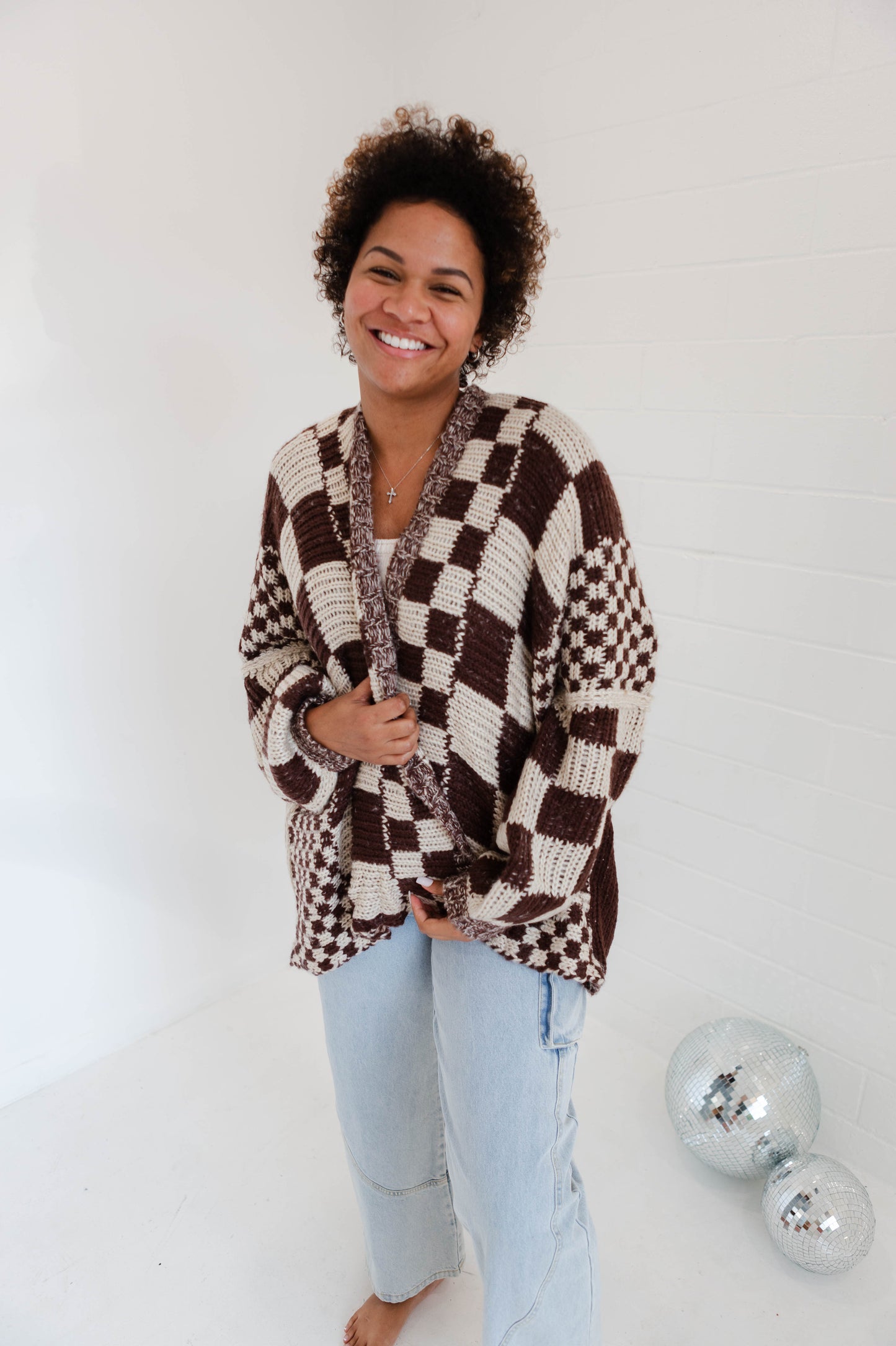 Brown Checkered Oversized Cardigan