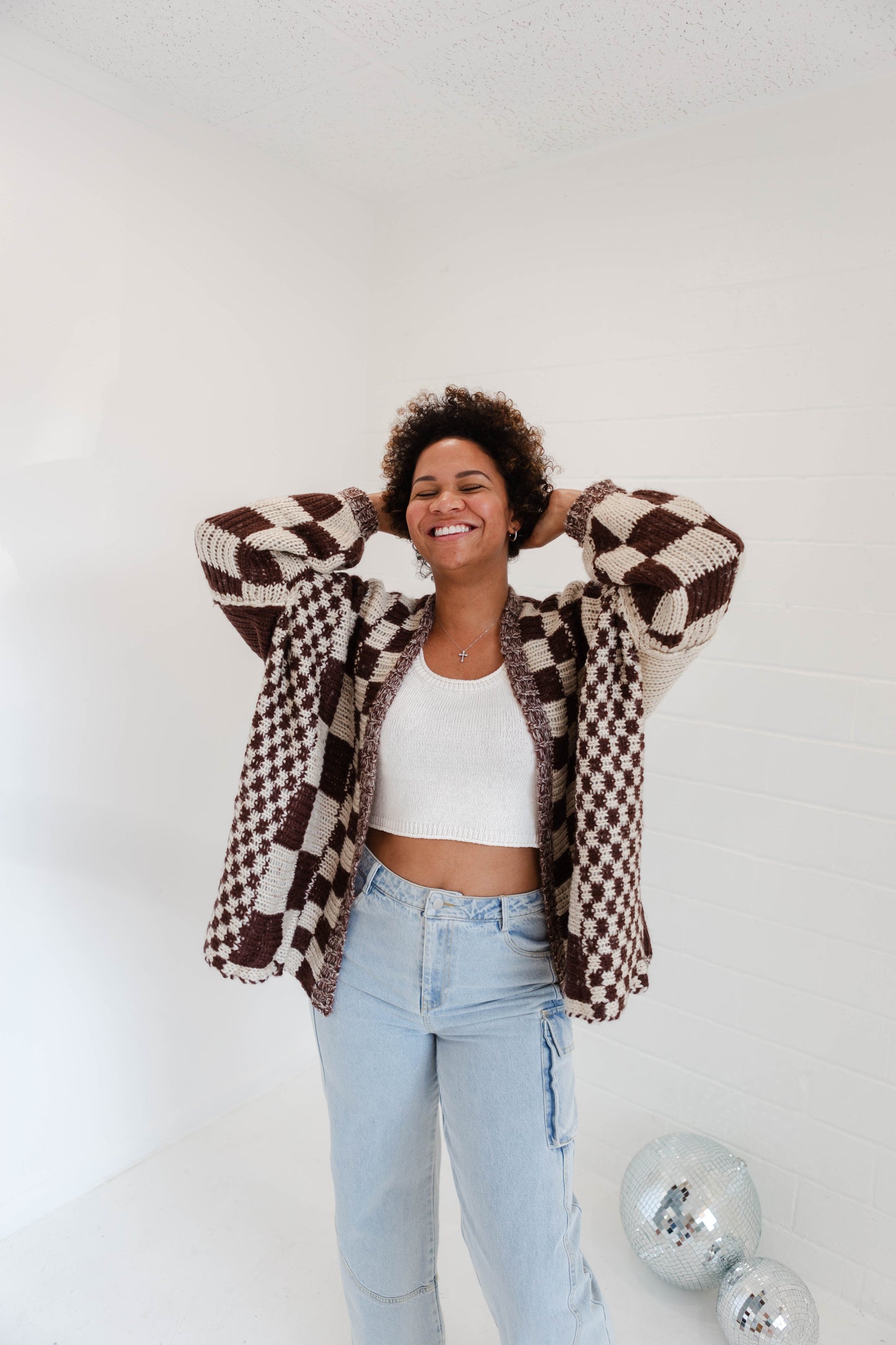 Brown Checkered Oversized Cardigan