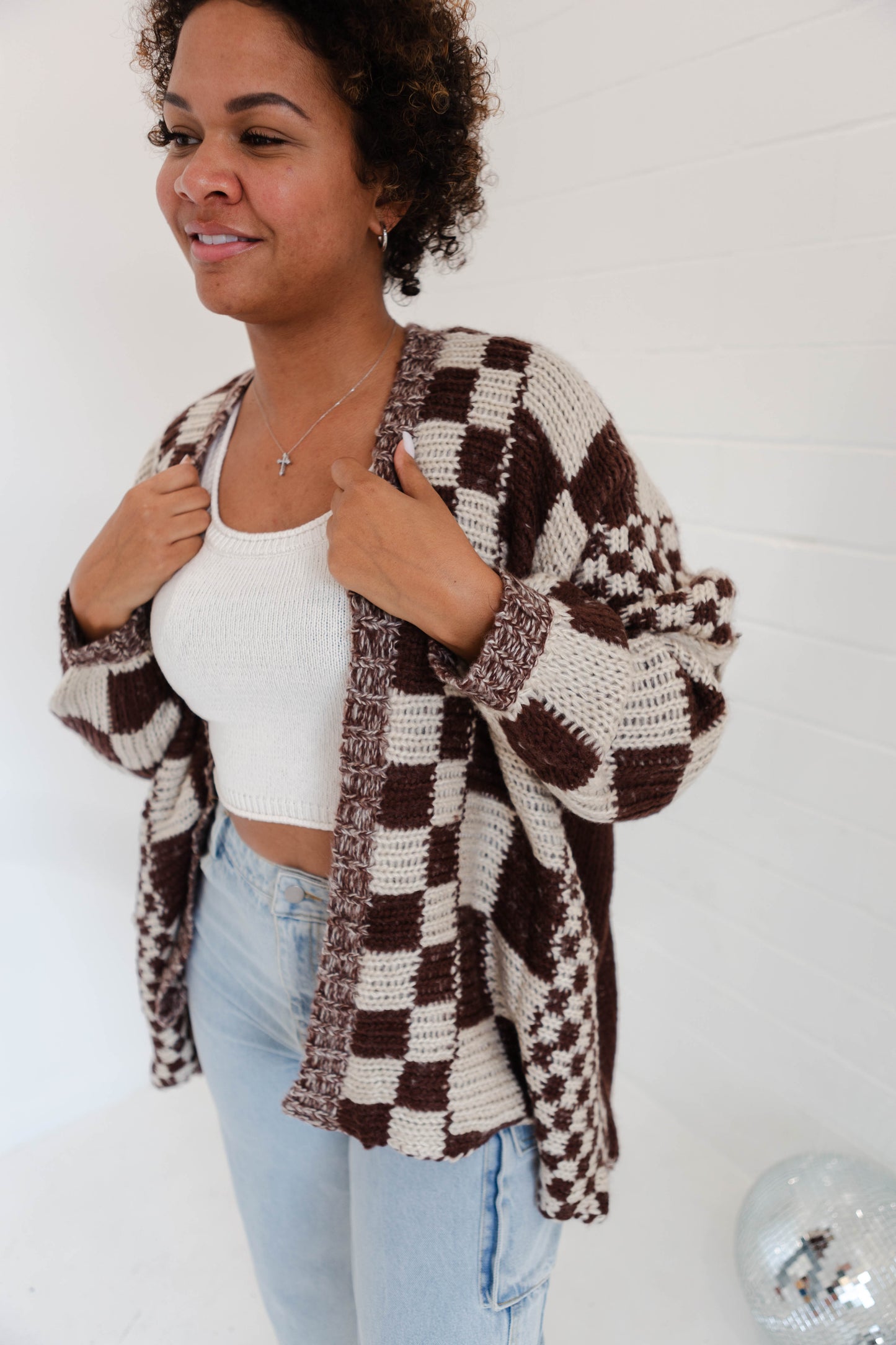 Brown Checkered Oversized Cardigan