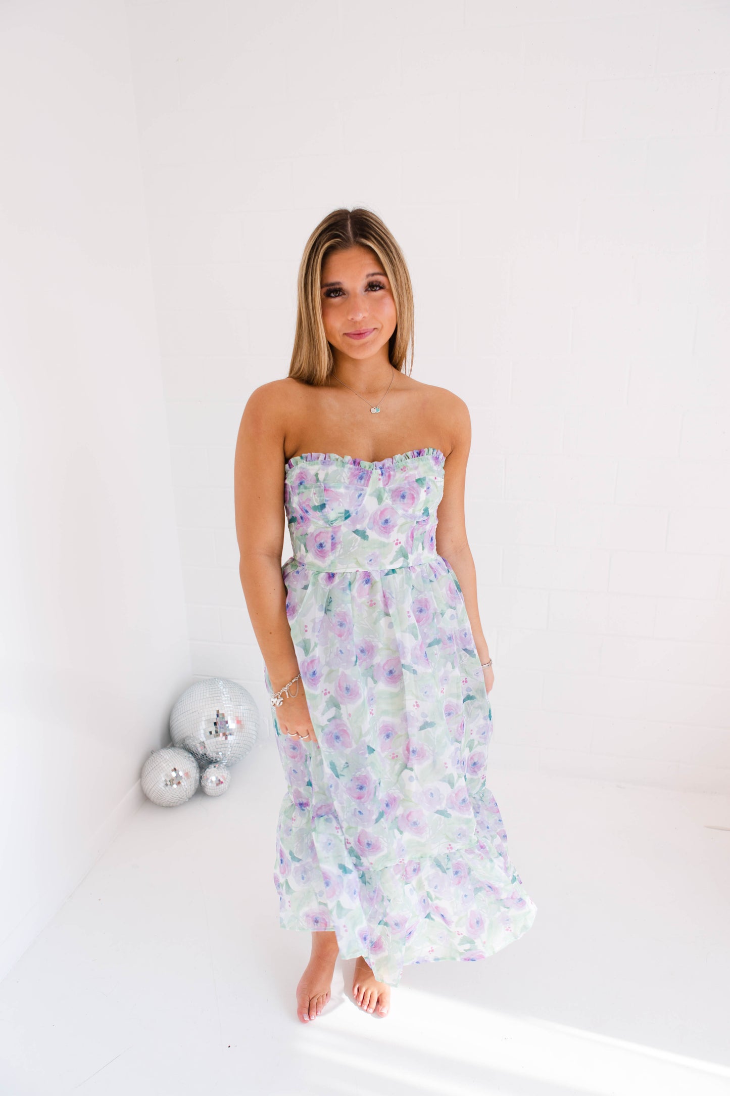 Pastel Floral Print Strapless Midi Dress