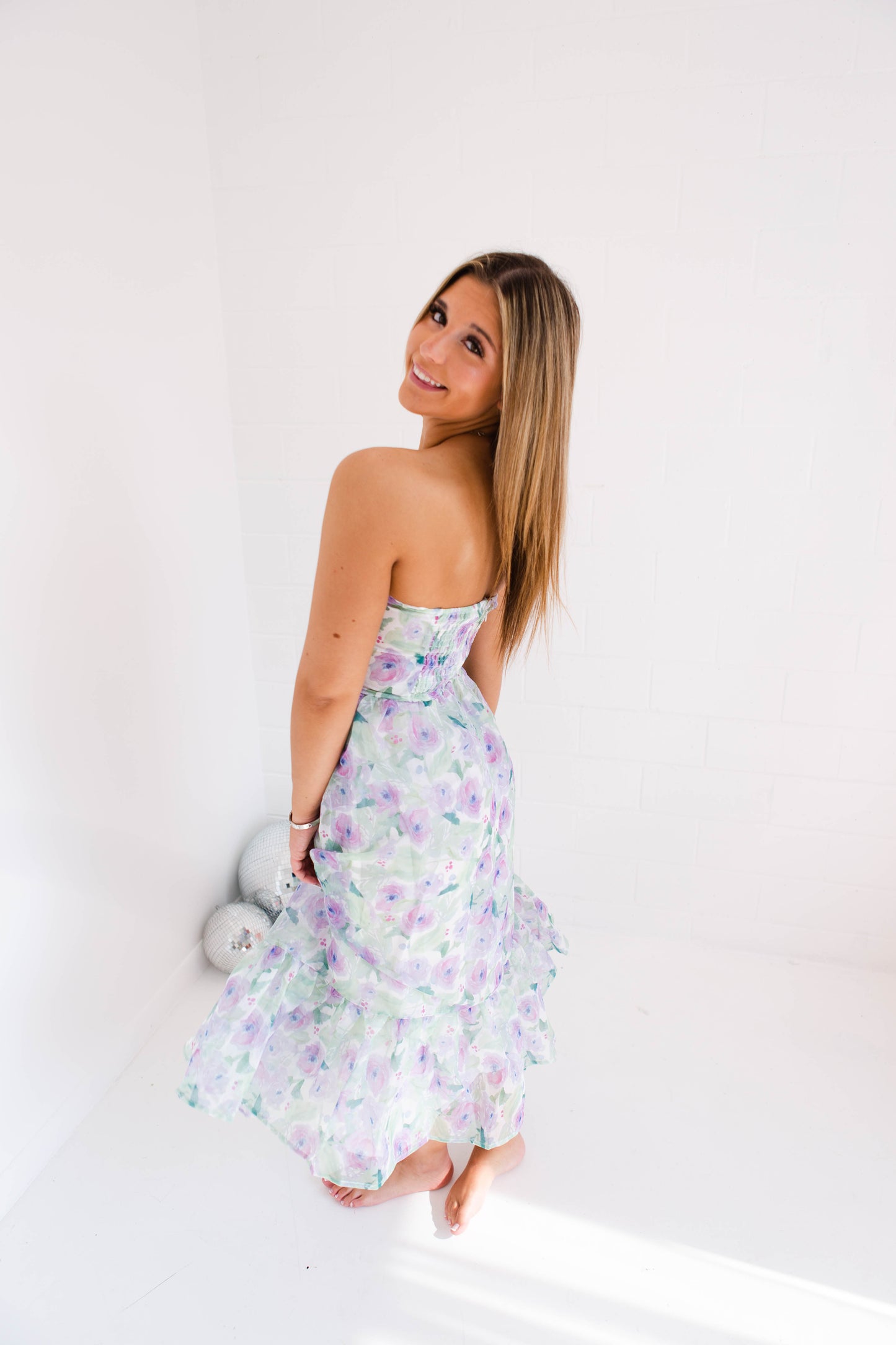 Pastel Floral Print Strapless Midi Dress
