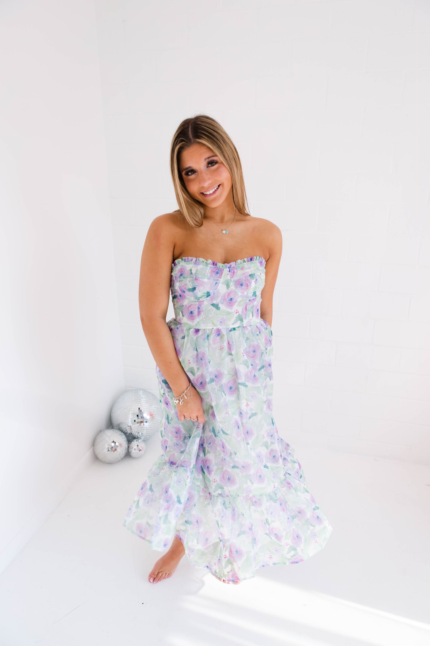 Pastel Floral Print Strapless Midi Dress