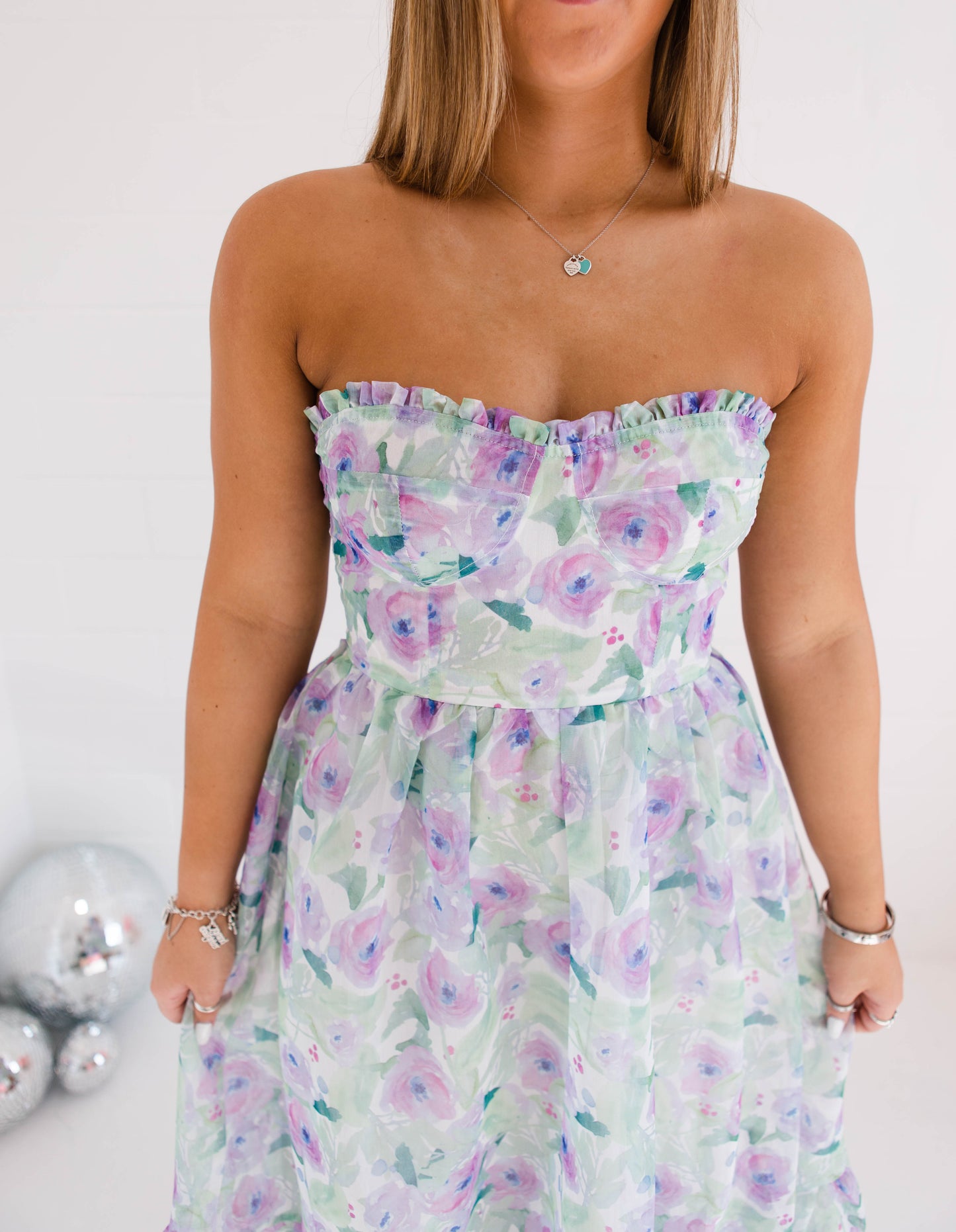 Pastel Floral Print Strapless Midi Dress