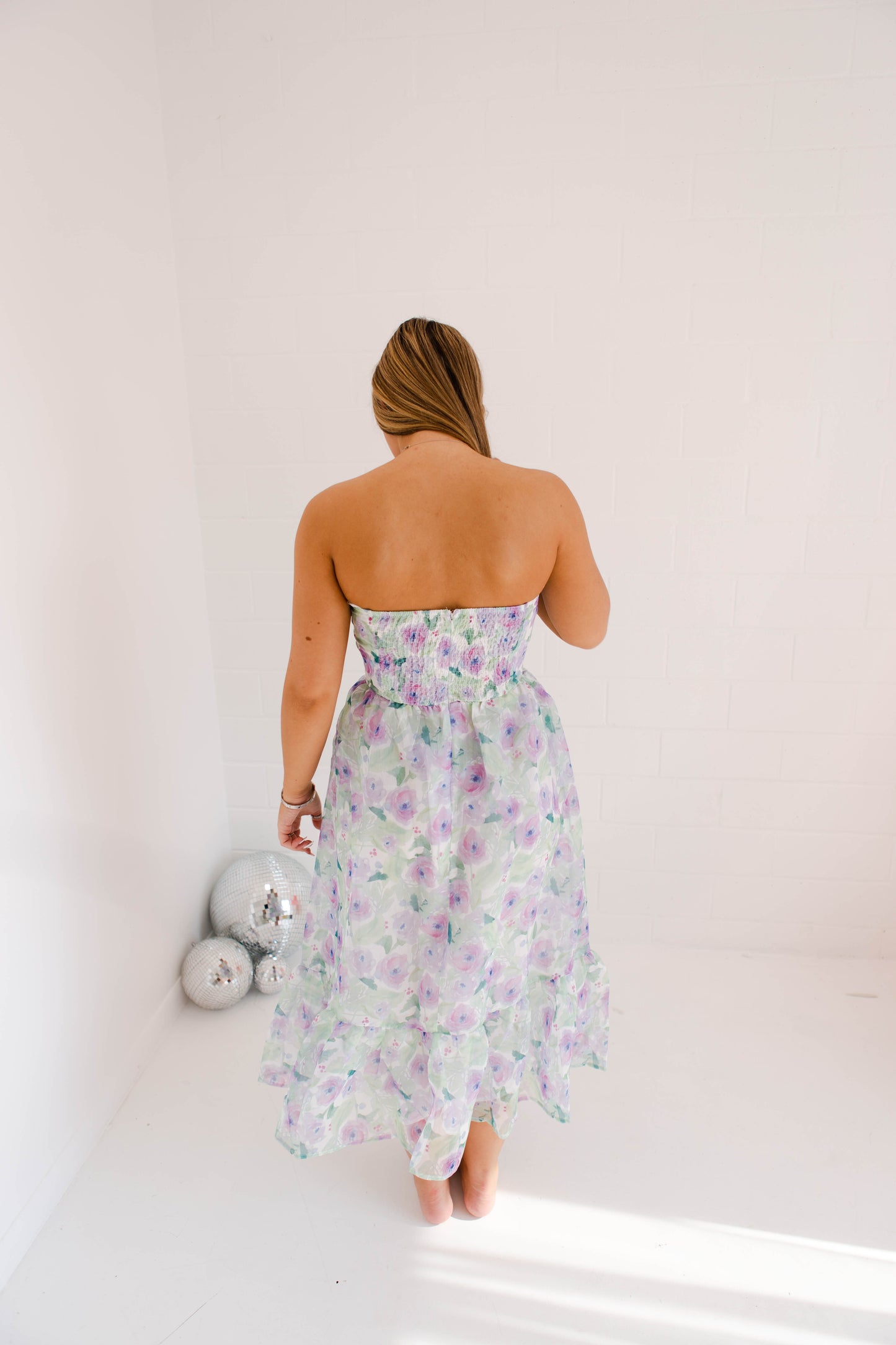 Pastel Floral Print Strapless Midi Dress