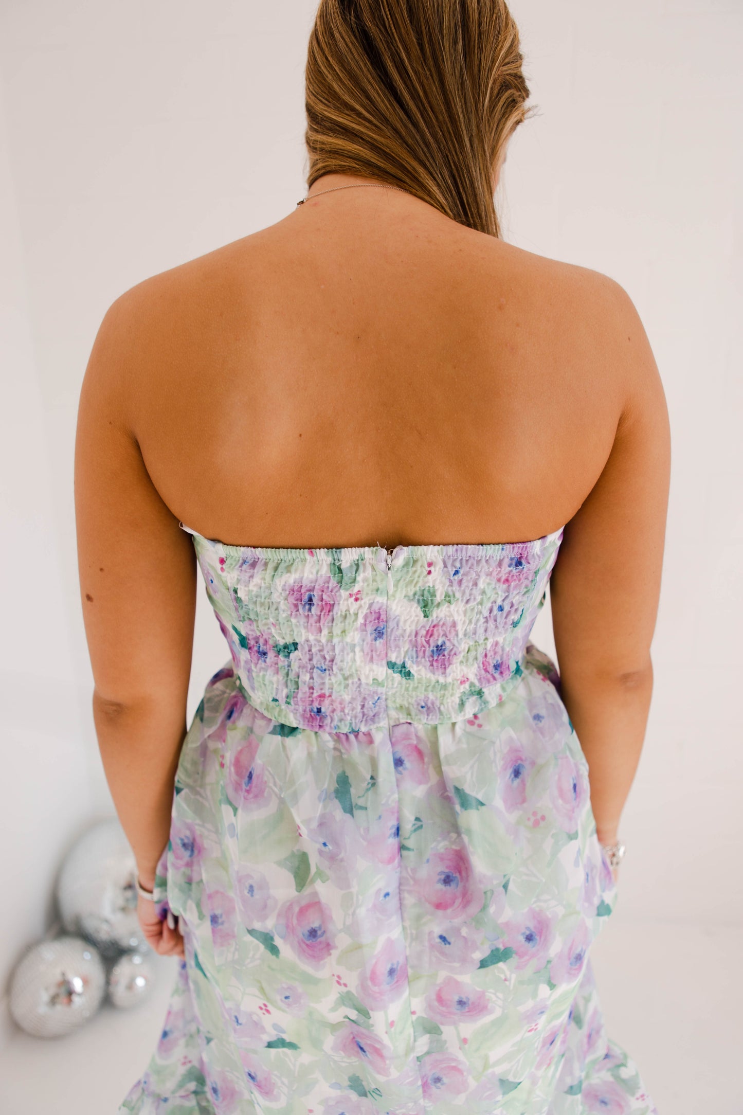 Pastel Floral Print Strapless Midi Dress