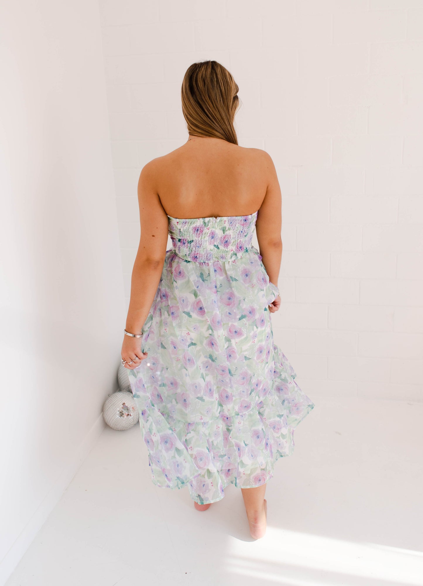 Pastel Floral Print Strapless Midi Dress
