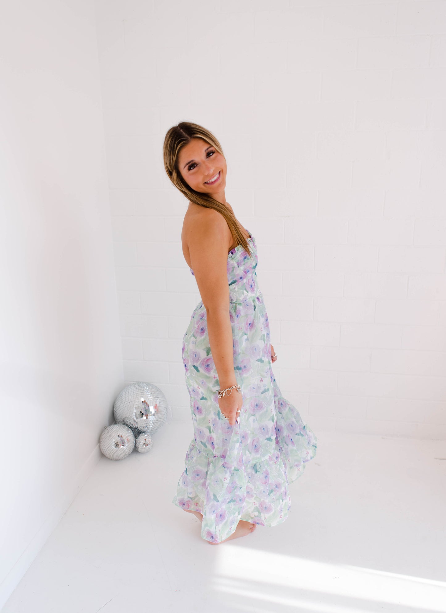 Pastel Floral Print Strapless Midi Dress