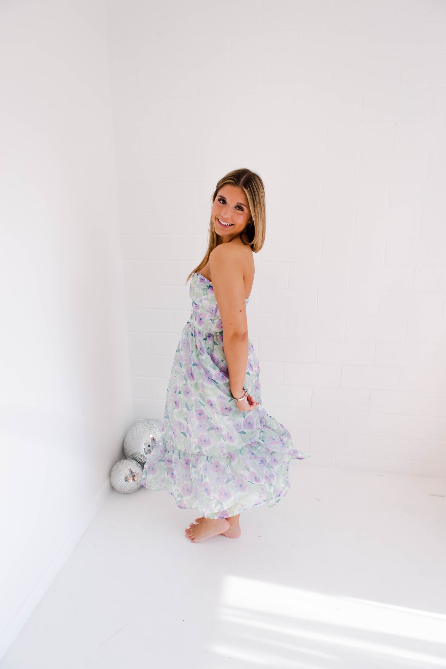 Pastel Floral Print Strapless Midi Dress