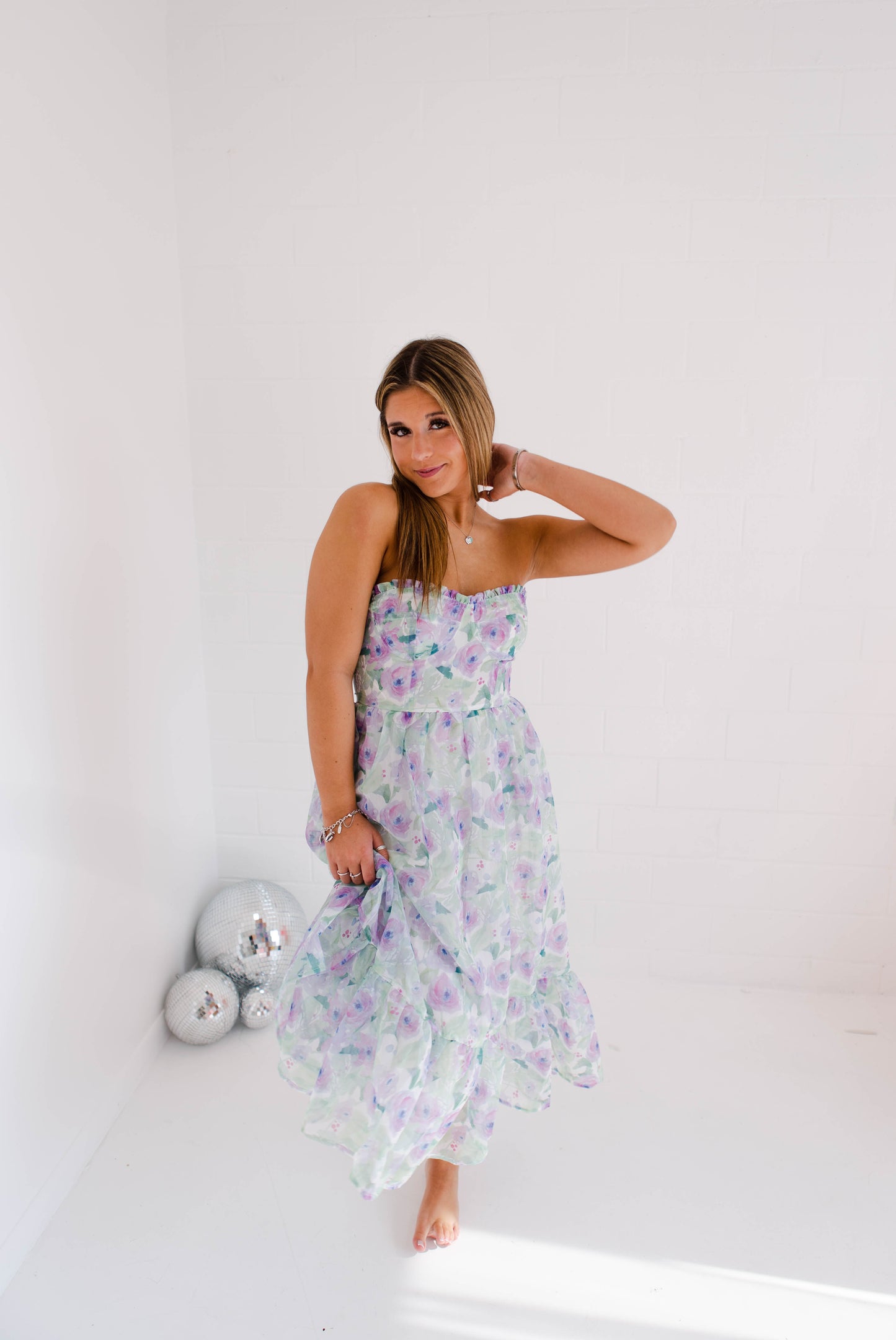 Pastel Floral Print Strapless Midi Dress