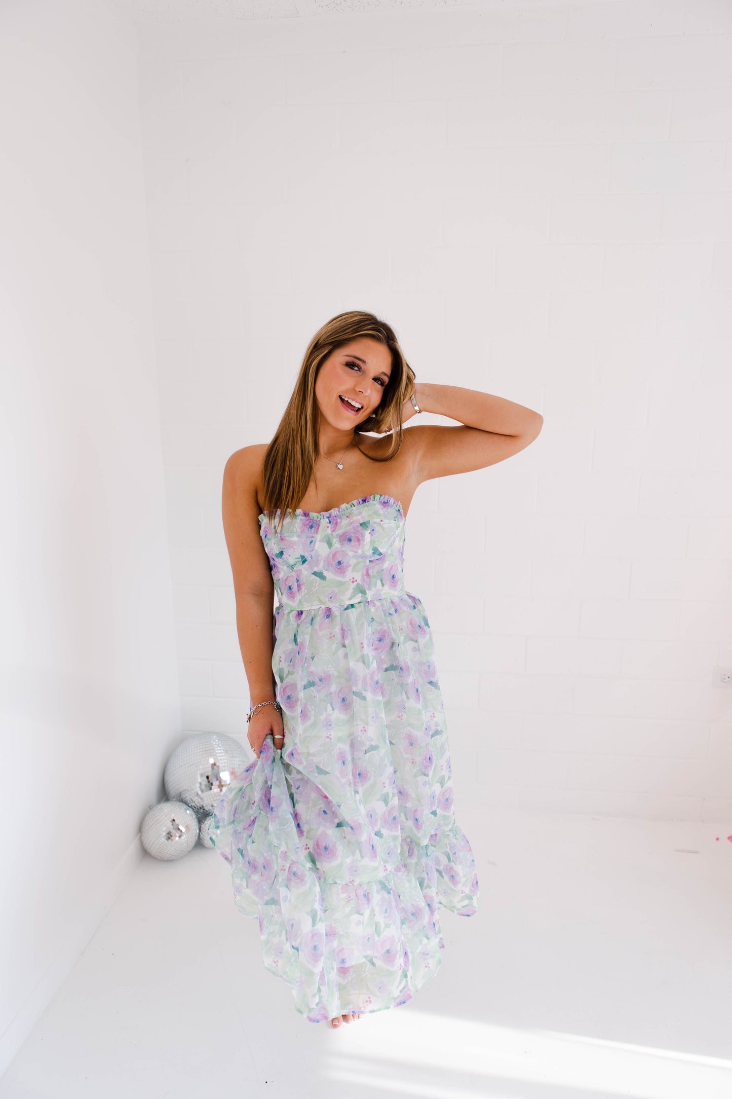 Pastel Floral Print Strapless Midi Dress