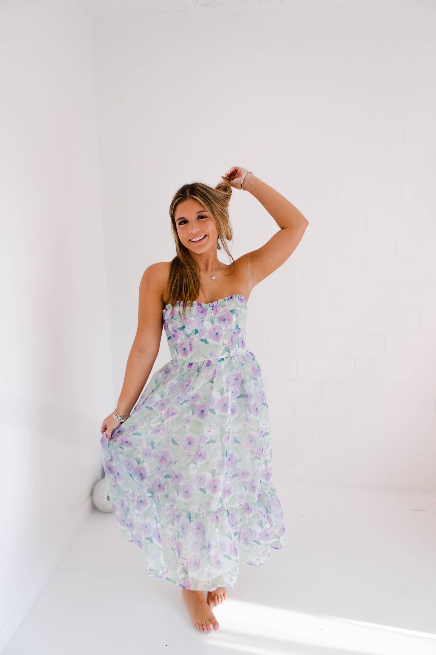Pastel Floral Print Strapless Midi Dress