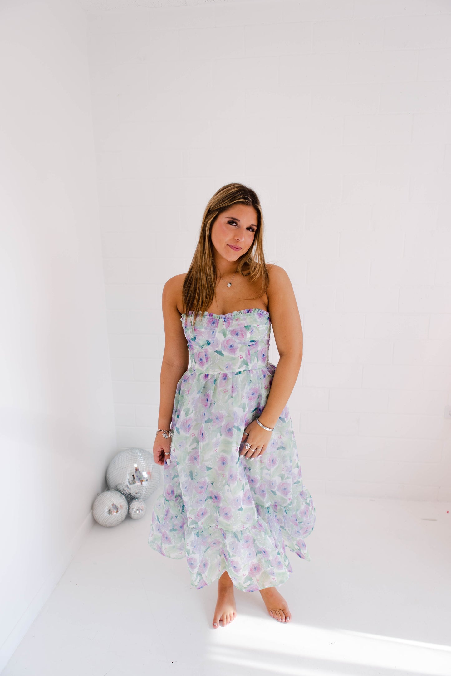 Pastel Floral Print Strapless Midi Dress