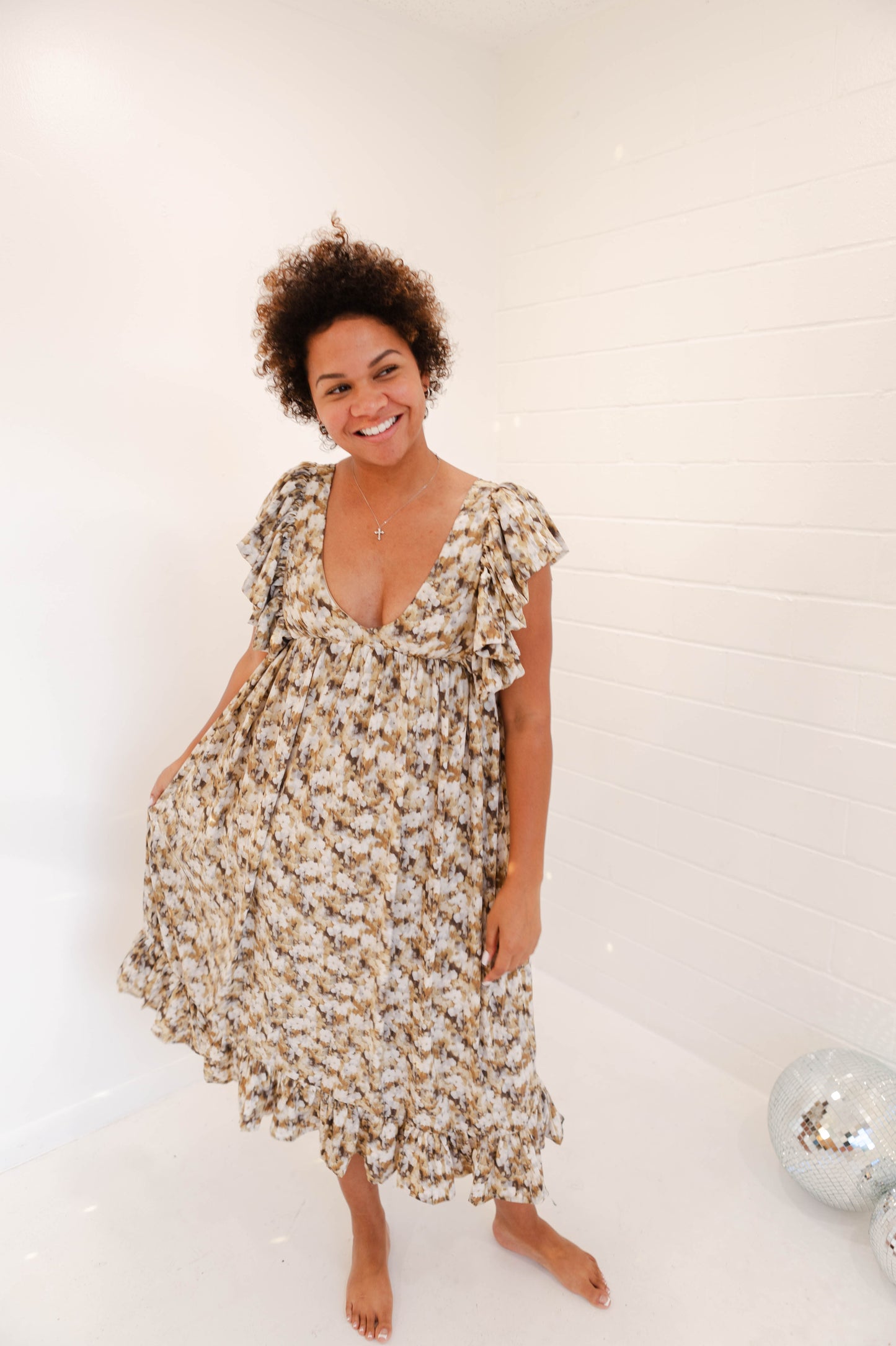 Brown Sage Floral Ruffle Sleeves Dress