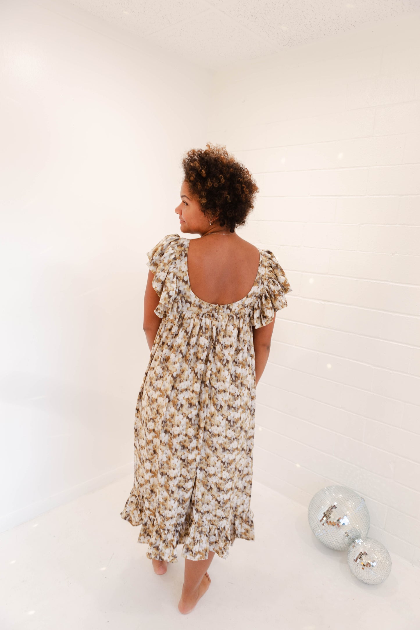 Brown Sage Floral Ruffle Sleeves Dress