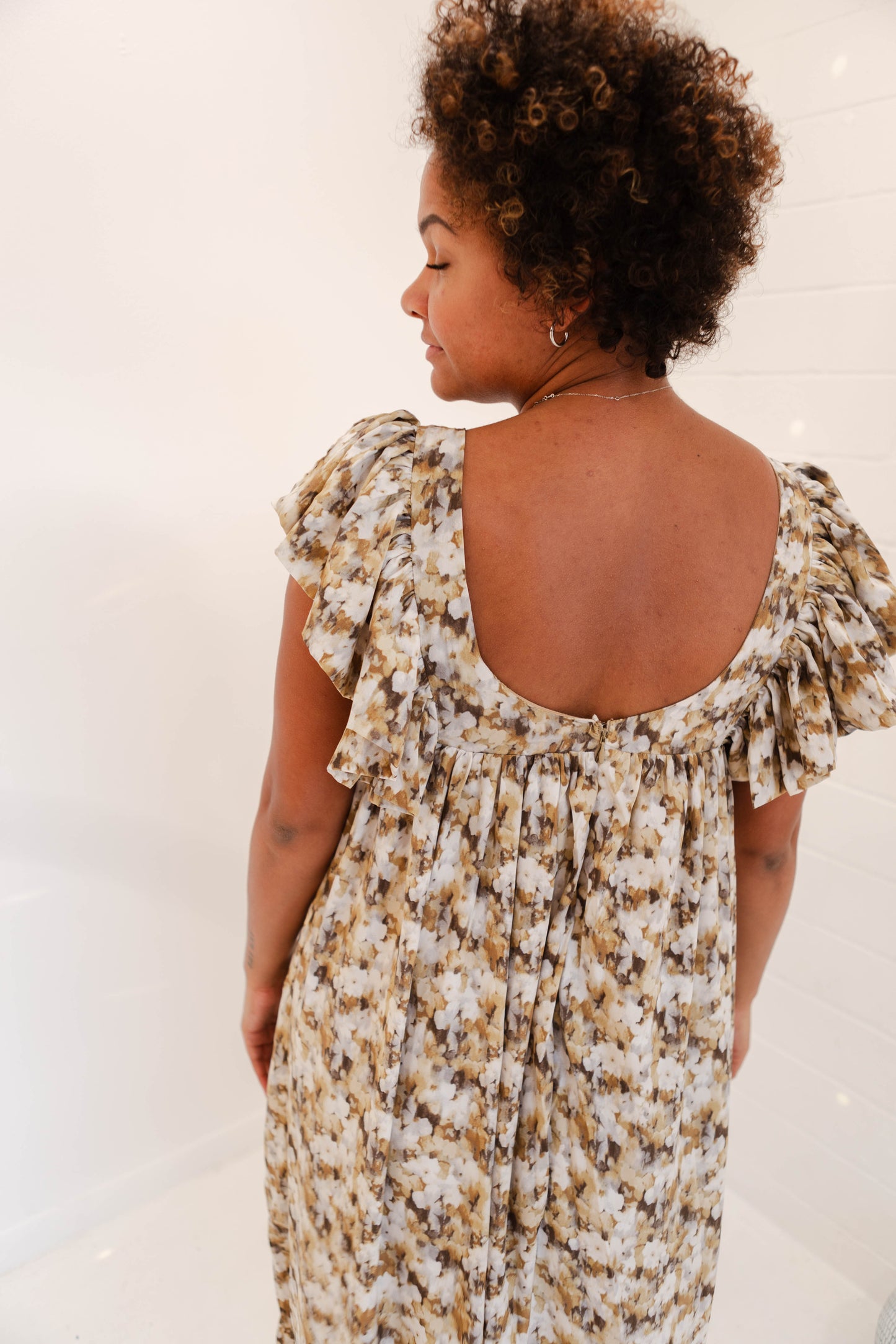 Brown Sage Floral Ruffle Sleeves Dress