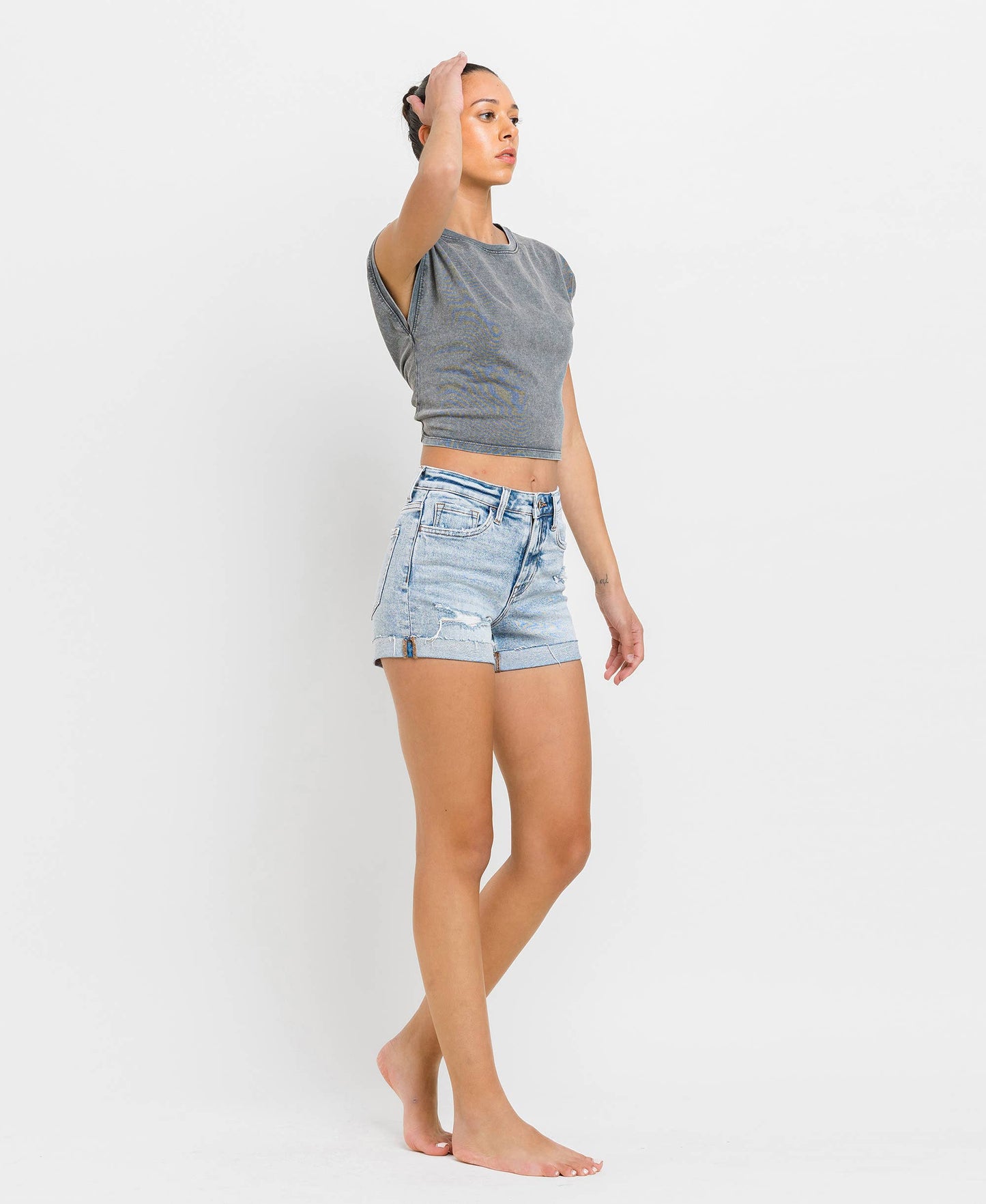 High Rise Single Cuff Denim Shorts