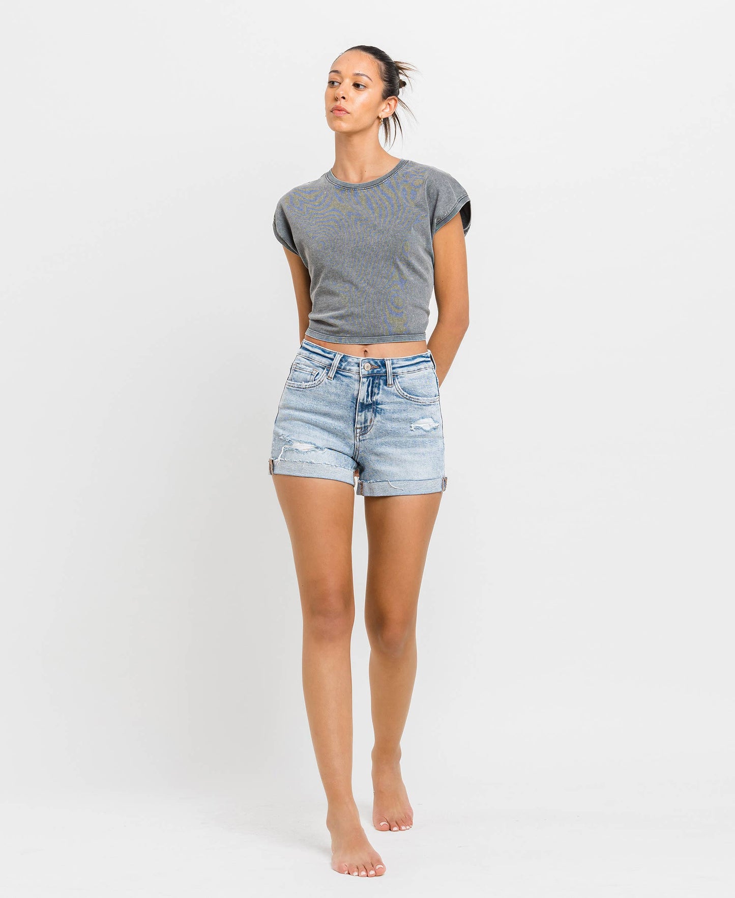 High Rise Single Cuff Denim Shorts