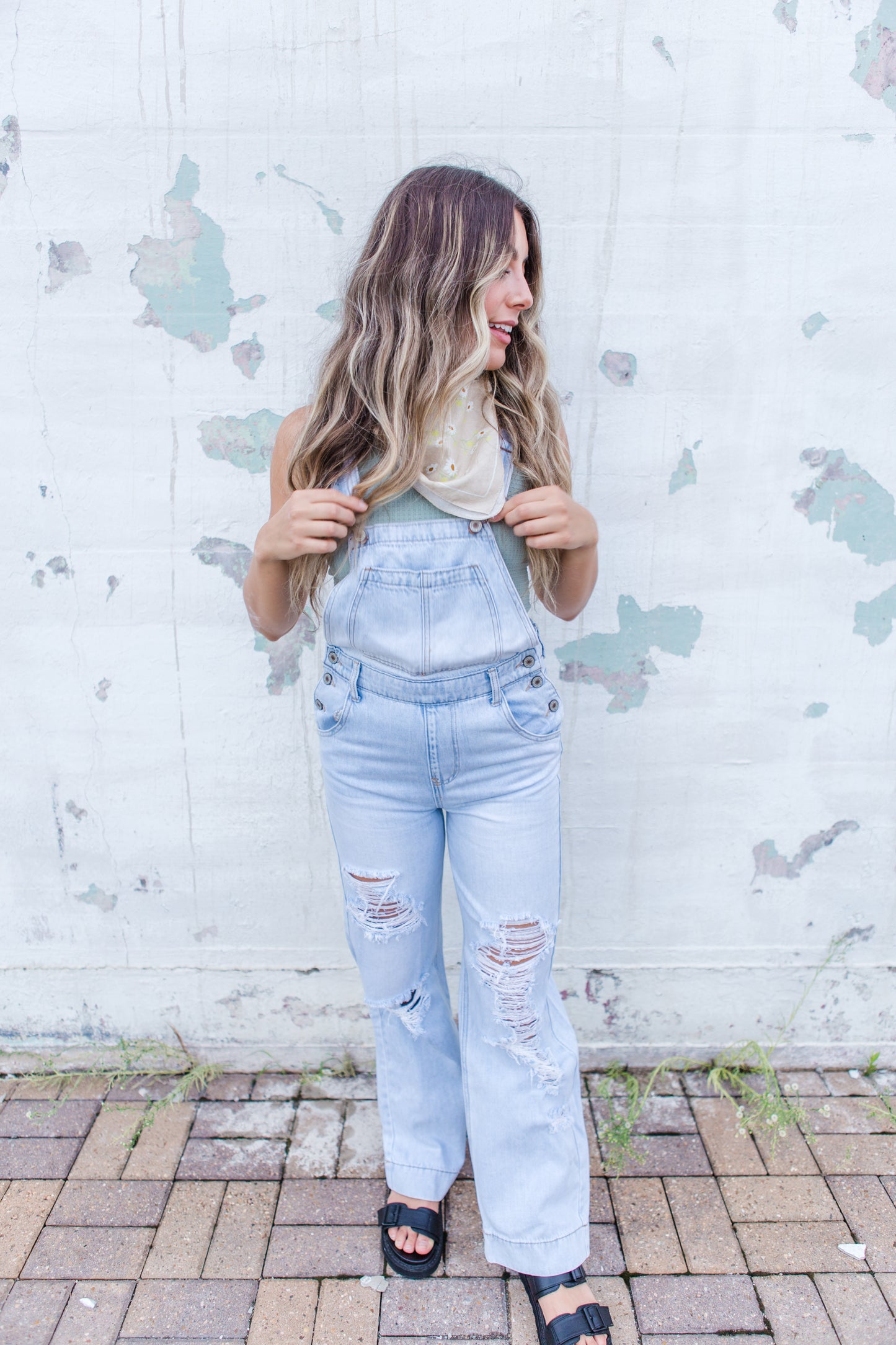 Distressed Light Denim Overalls