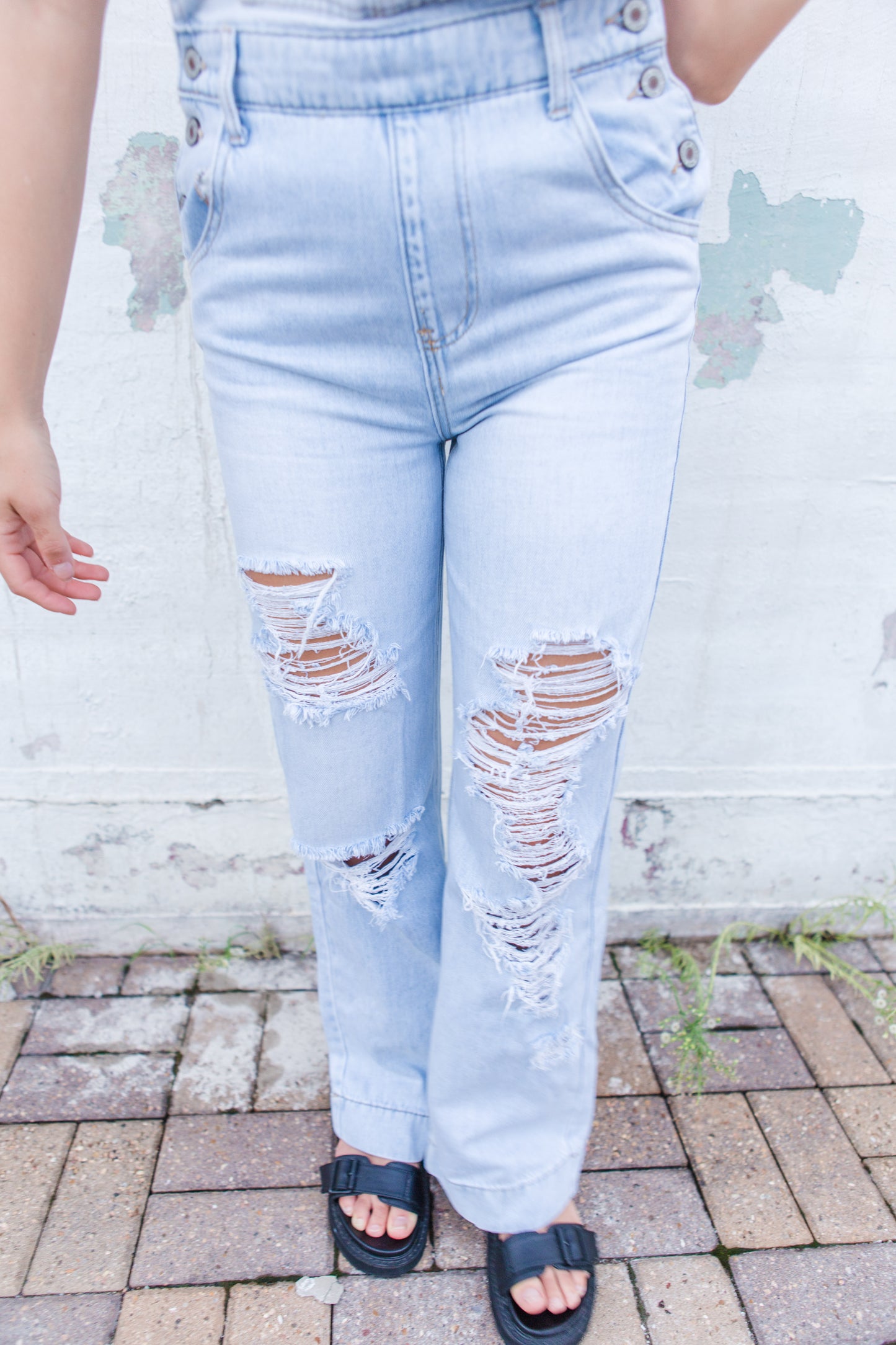 Distressed Light Denim Overalls
