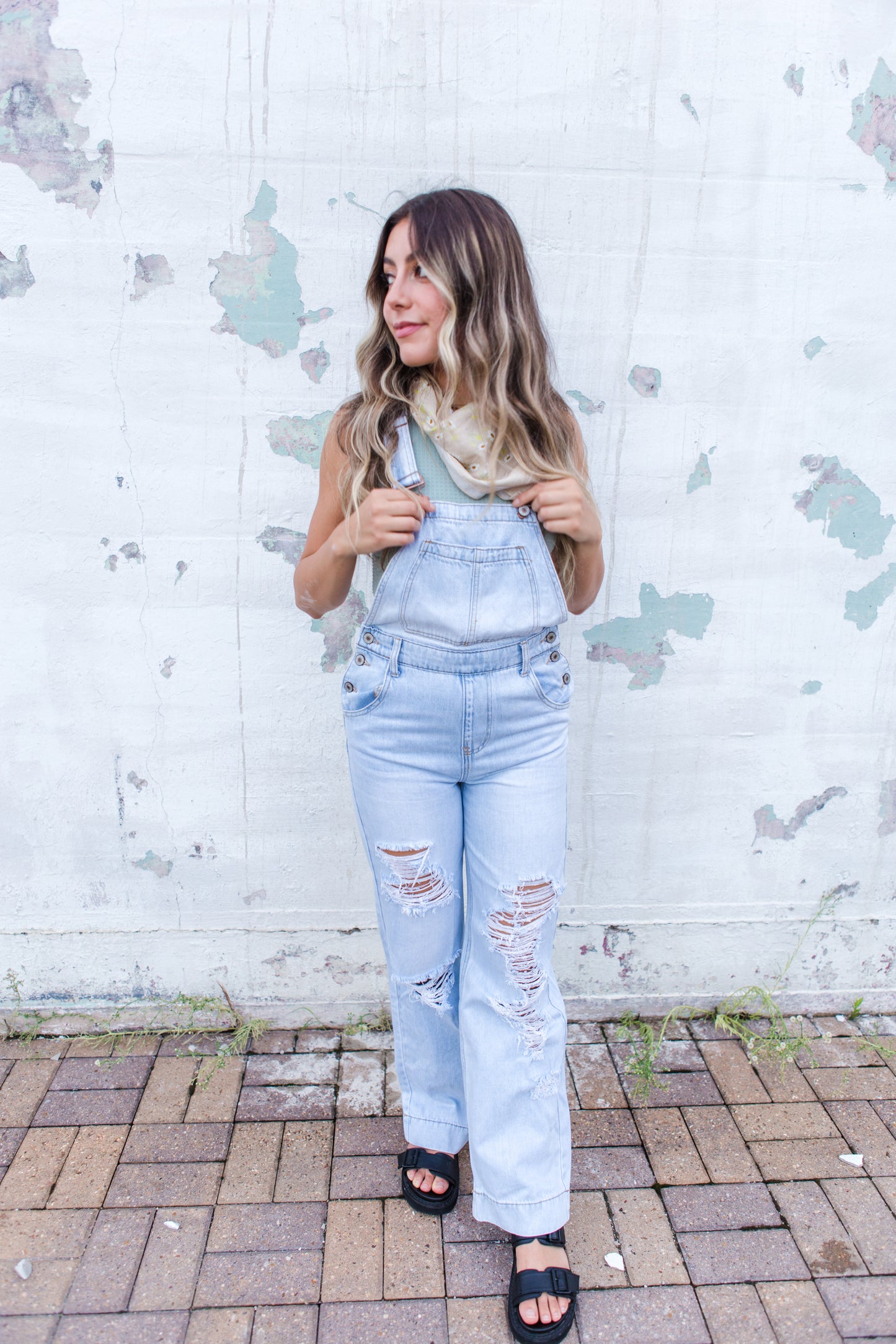 Distressed Light Denim Overalls