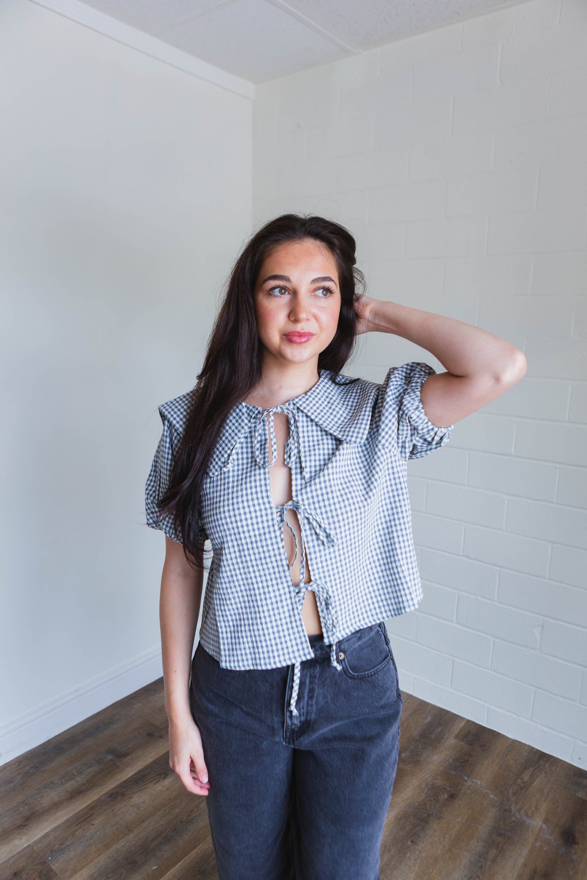 Blue Gingham Patterned Bow Tie Top