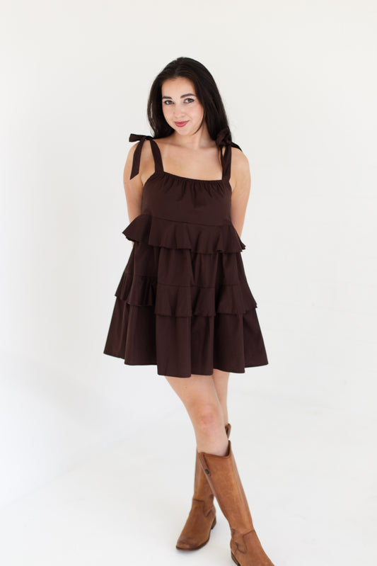 Dark Brown Ruffle Detail Flowing Sleeveless Mini Dress