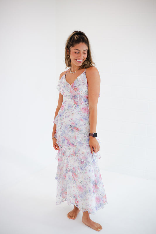 White Floral Ruffled Maxi Dress