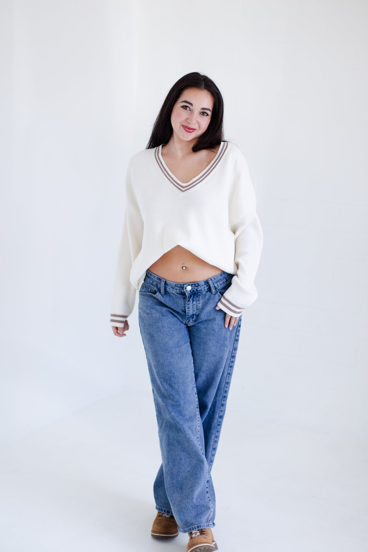 Ivory Court Side V-neck Sweater