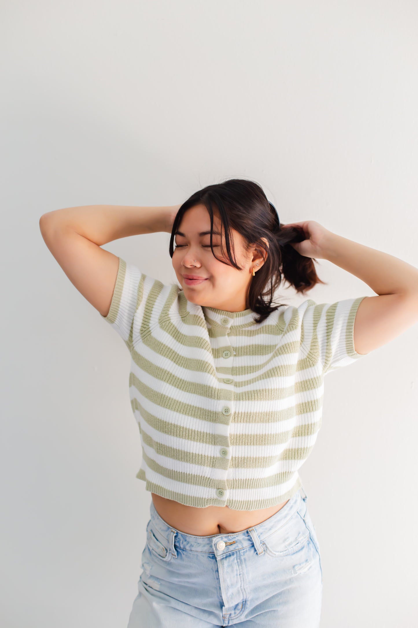 Raglan Short Sleeve Crew Neck  Sage & White Stripped Boxy Sweater