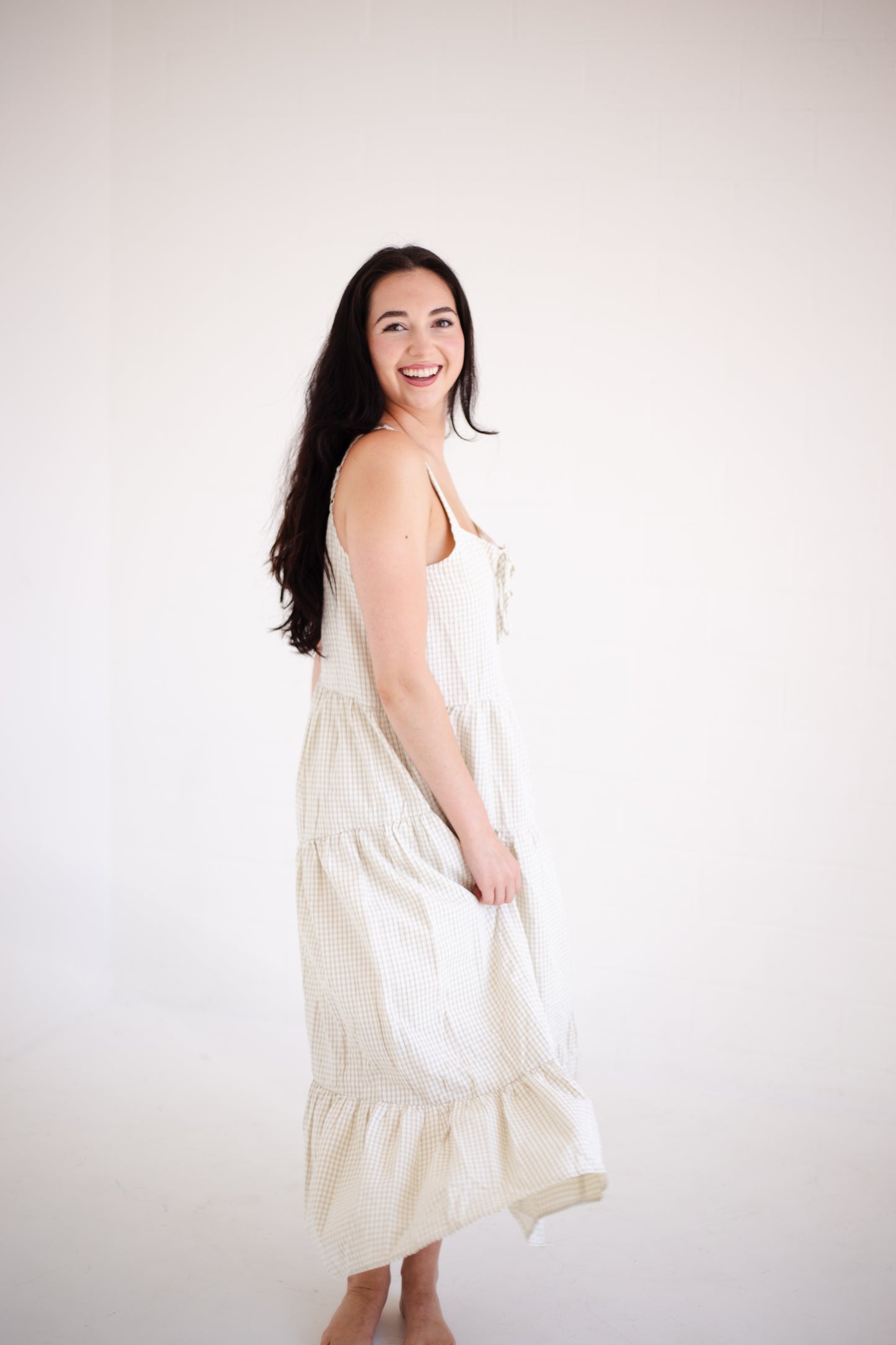 Taupe & Cream Plaid Asymmetrical Tiered Midi Dress
