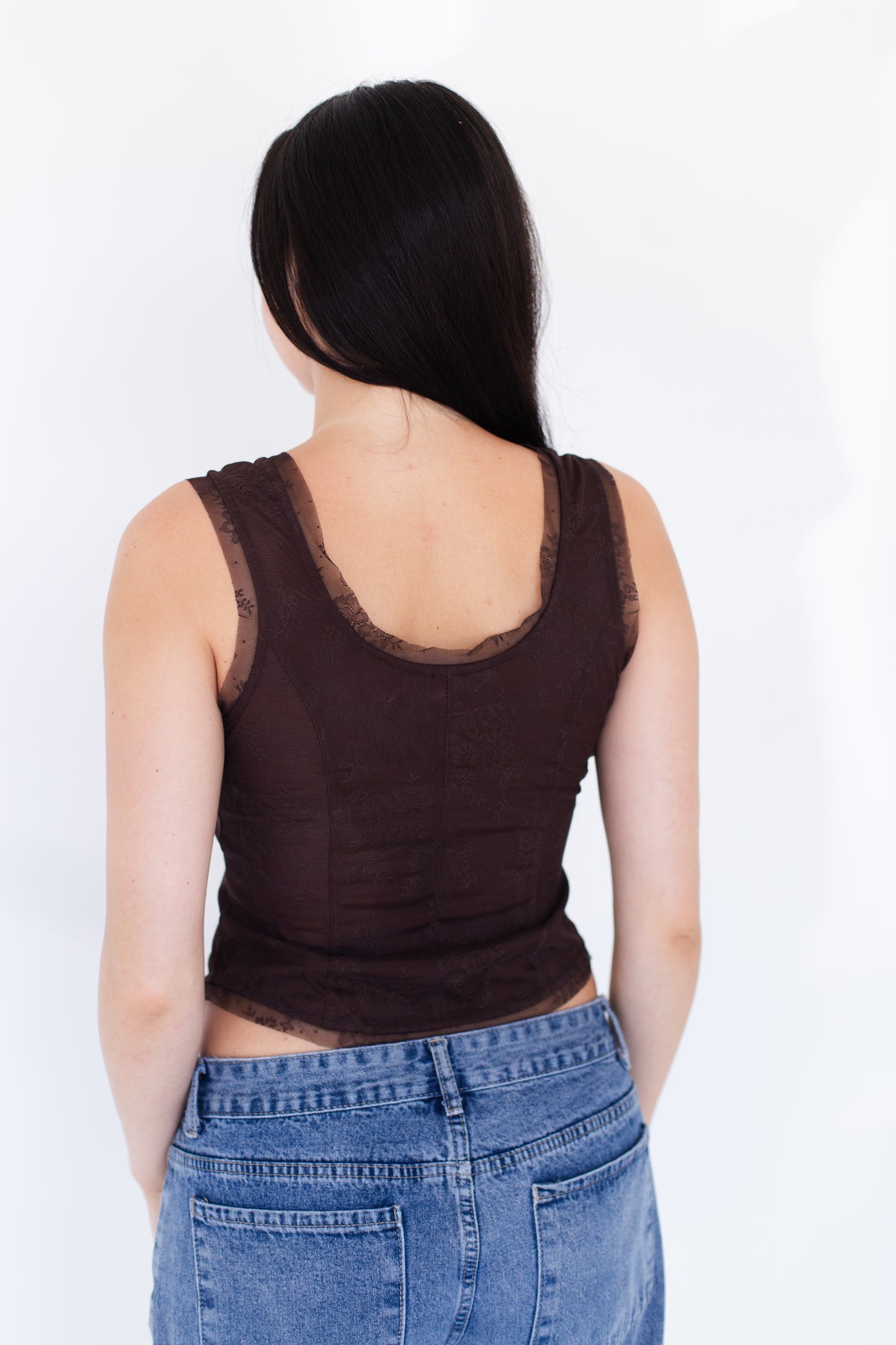 Chocolate Mesh Lace Button Down Sleeveless Top