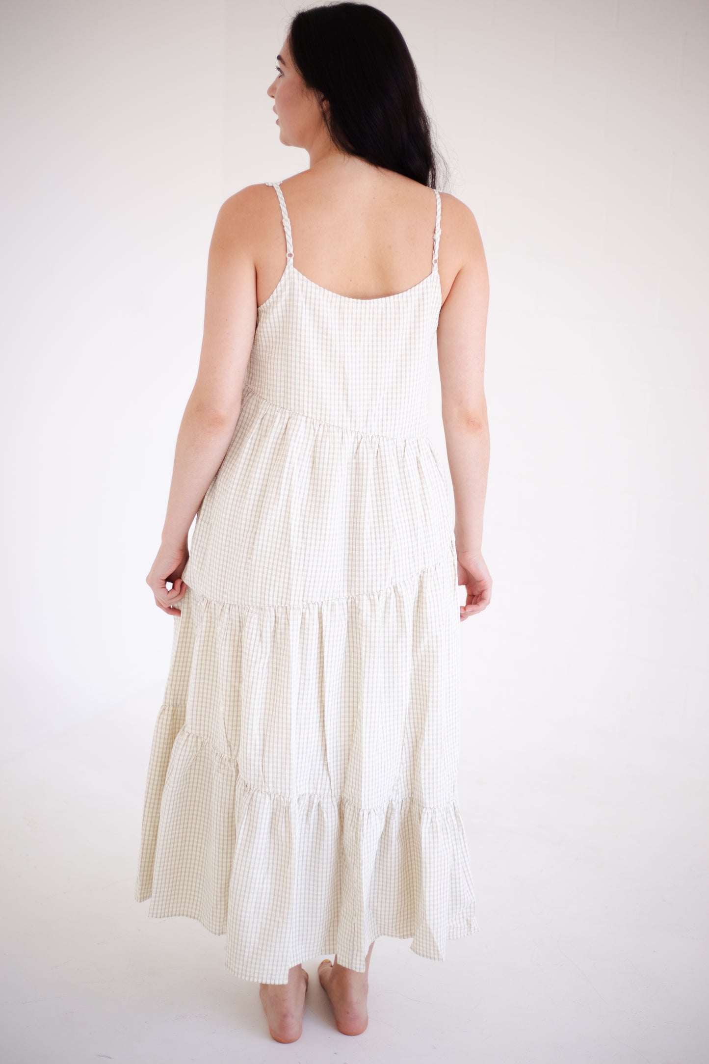 Taupe & Cream Plaid Asymmetrical Tiered Midi Dress