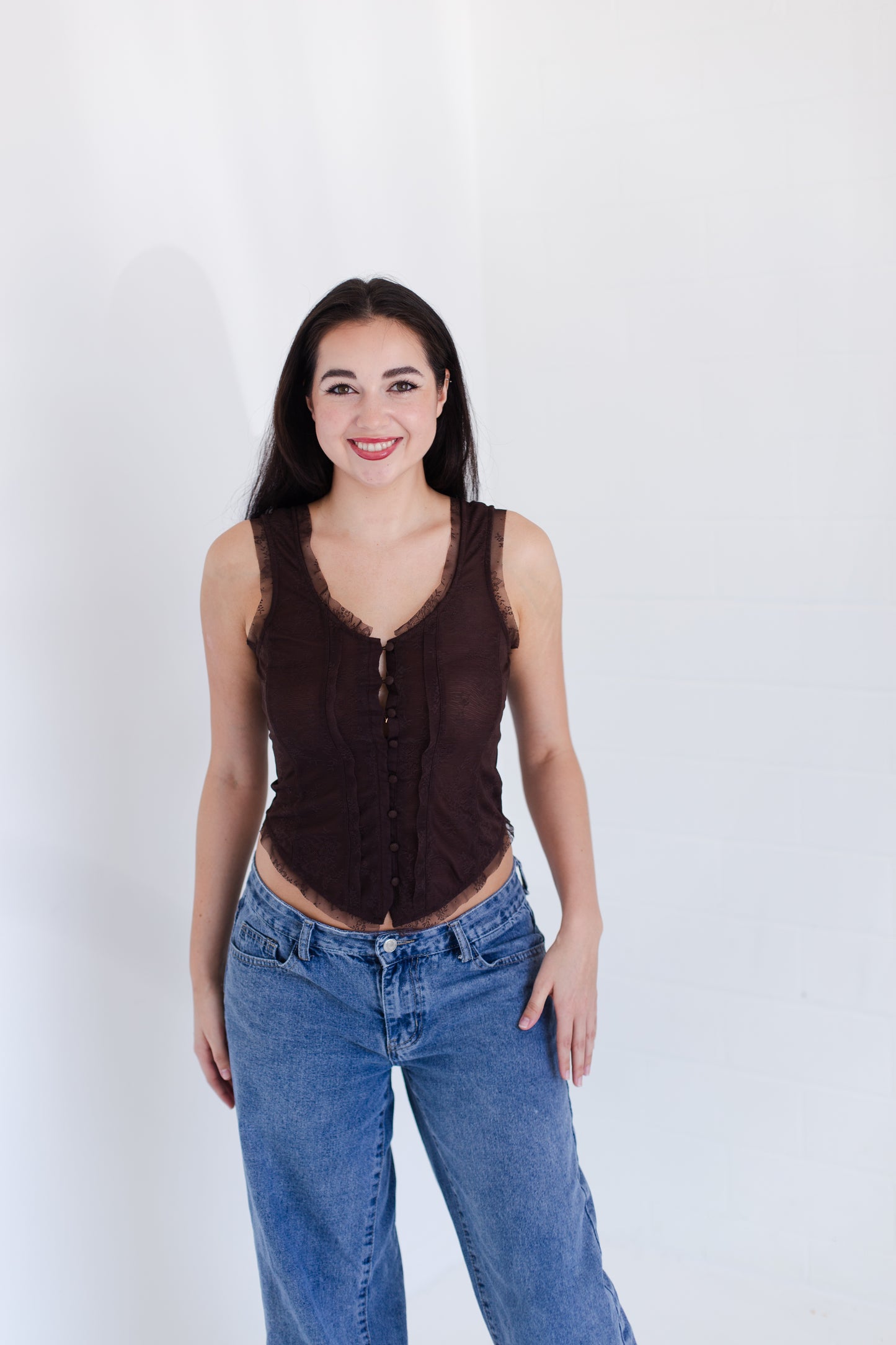 Chocolate Mesh Lace Button Down Sleeveless Top