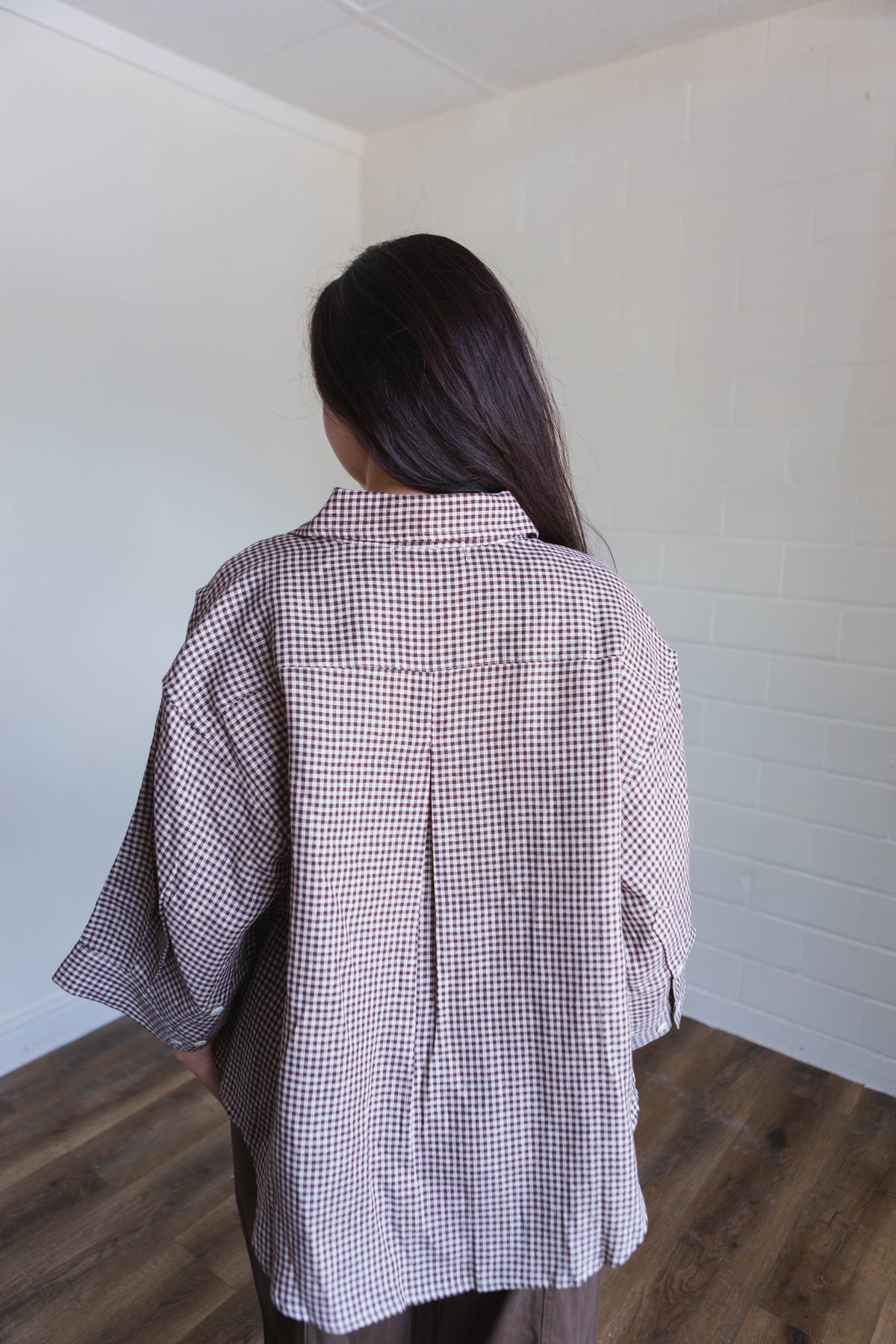 Brown Gingham Button Up Top