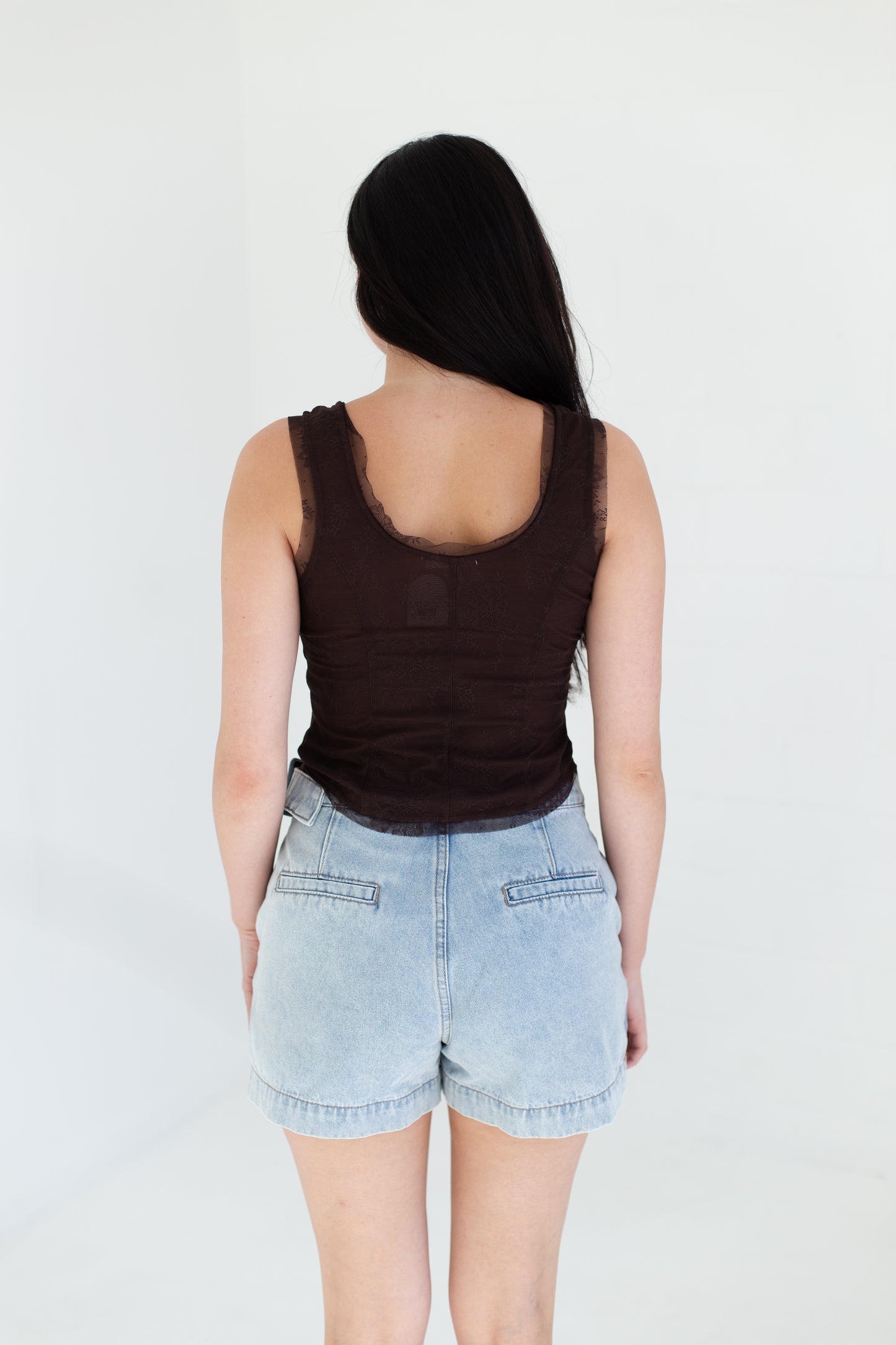 Chocolate Mesh Lace Button Down Sleeveless Top