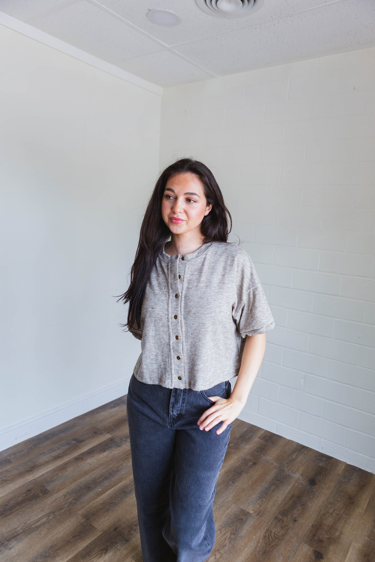 Mocha Short Sleeve Button Knit Top