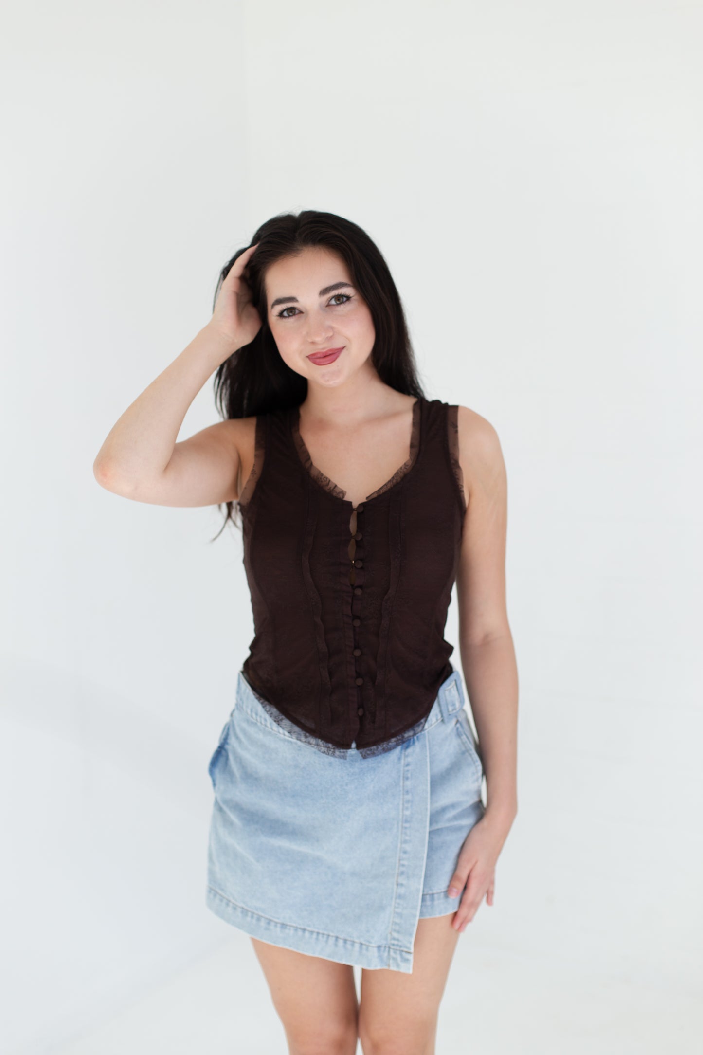 Chocolate Mesh Lace Button Down Sleeveless Top