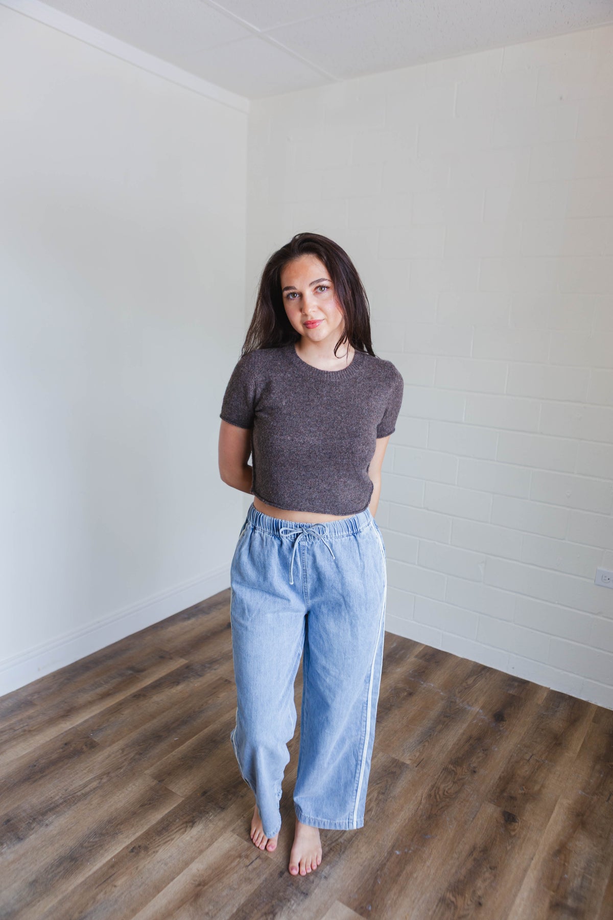 Brown Sweater Short Sleeve Crop Top