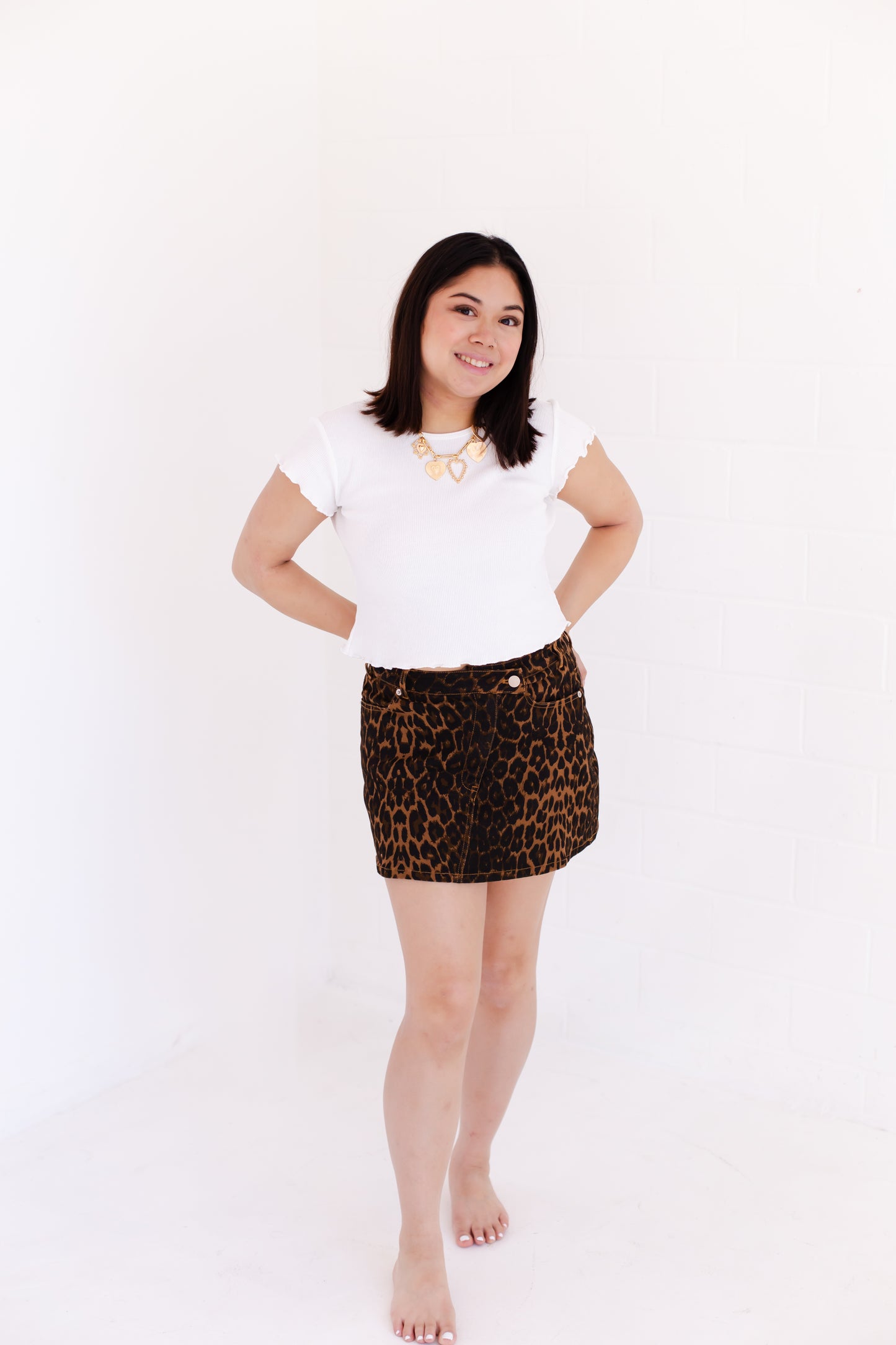 Leopard Printed Denim Asymmetric Mini Skirt