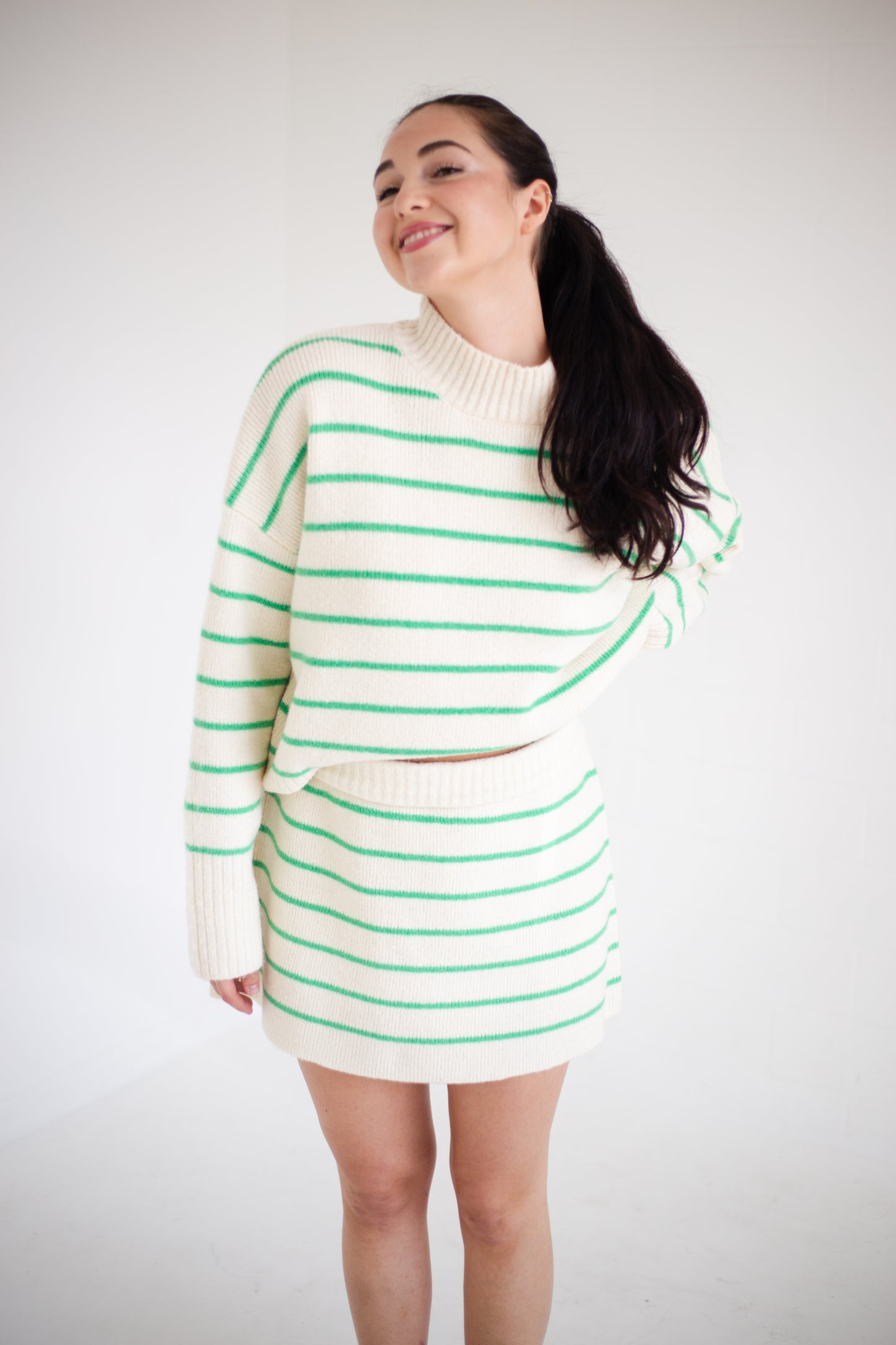 Cream & Green Striped Sweater Skirt