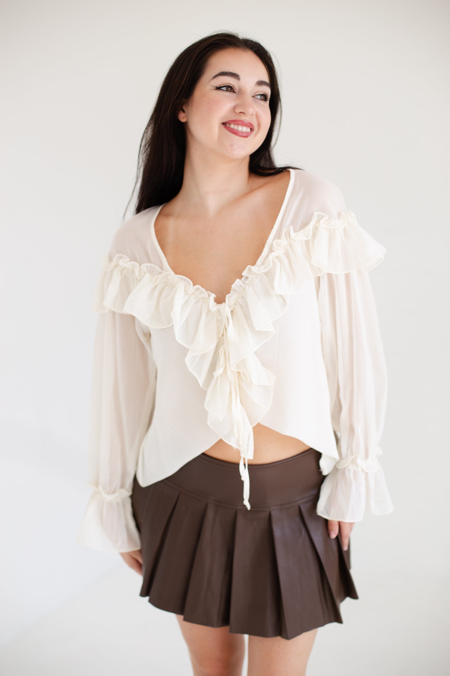 Ivory Sheer Long Sleeve Ties Ruffled Lace Blouse