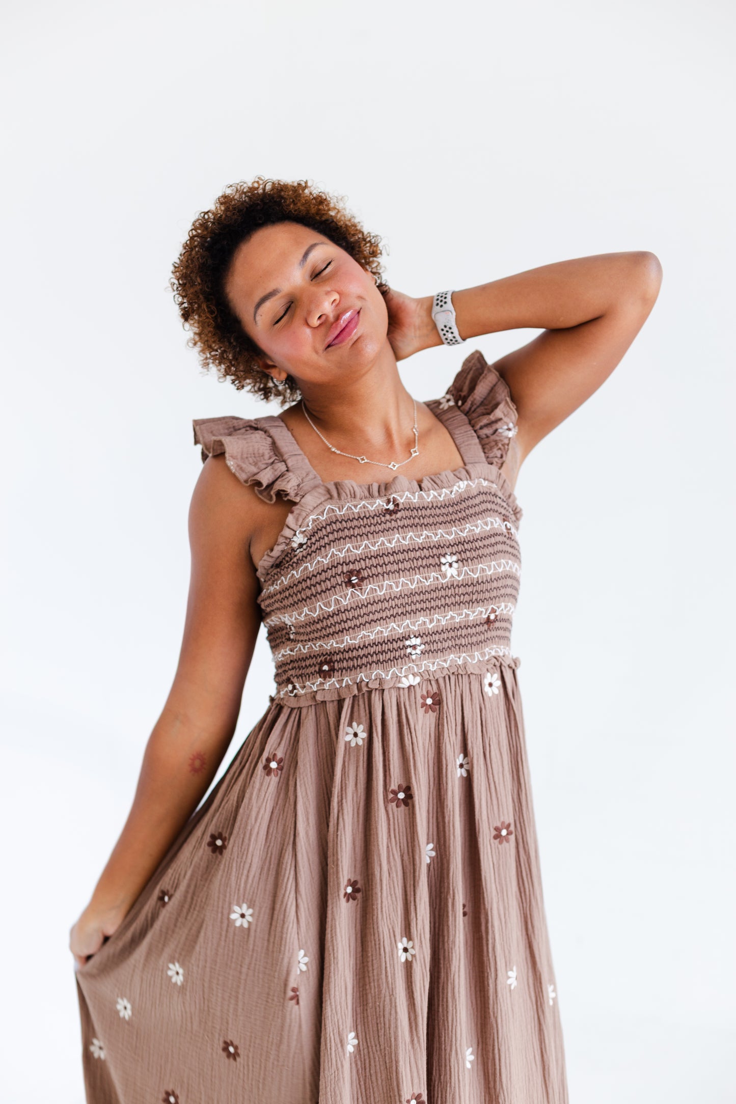 Brown Floral Embroidered Maxi Dress